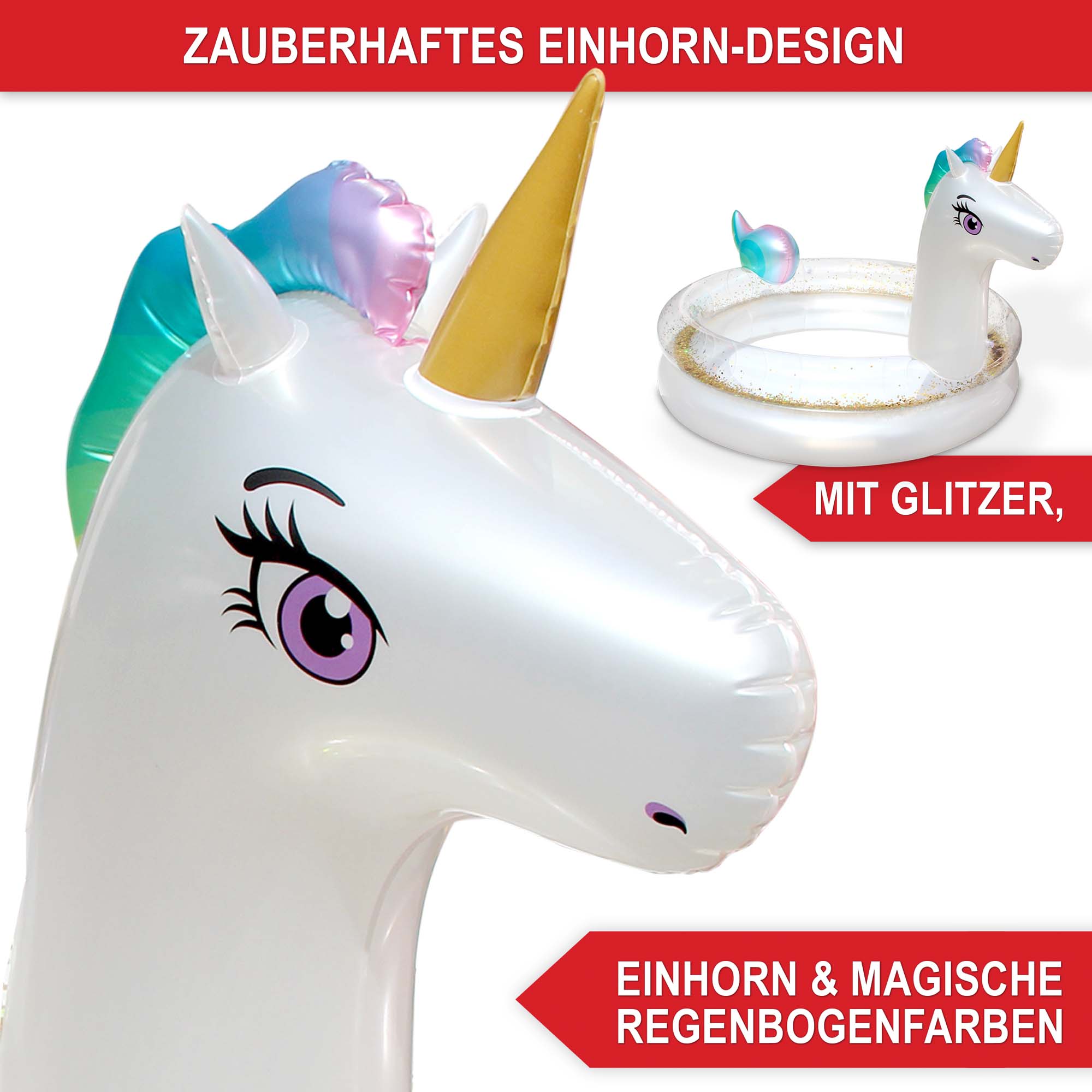 Regenbogenfarben und Glitzer für ein zauberhaftes Einhorn-Planschbecken