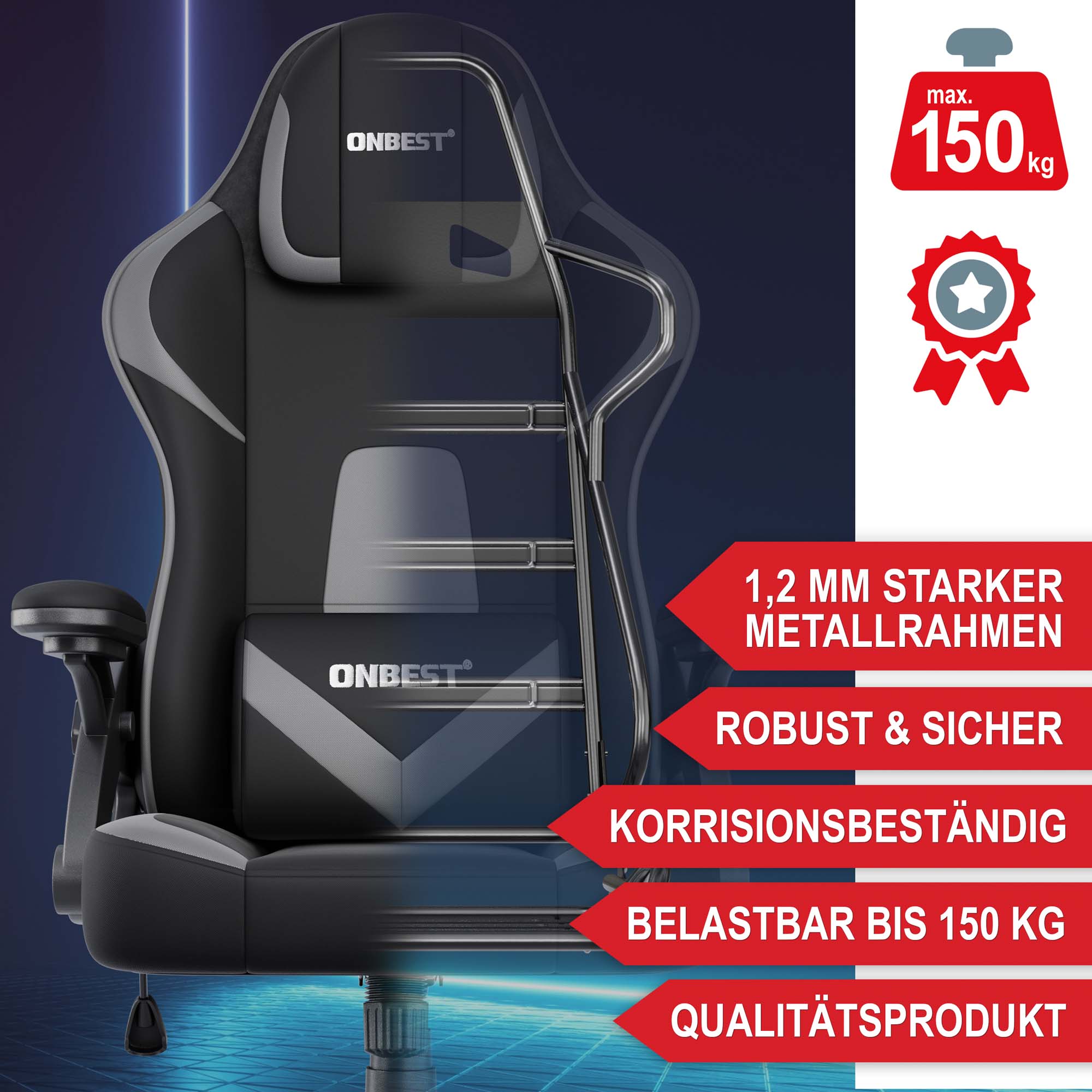 Gamingstuhl schwarz-grau mit 1,2 mm starken Metallrahmen und korrisionsbestaendig belastbar bis 150 kg