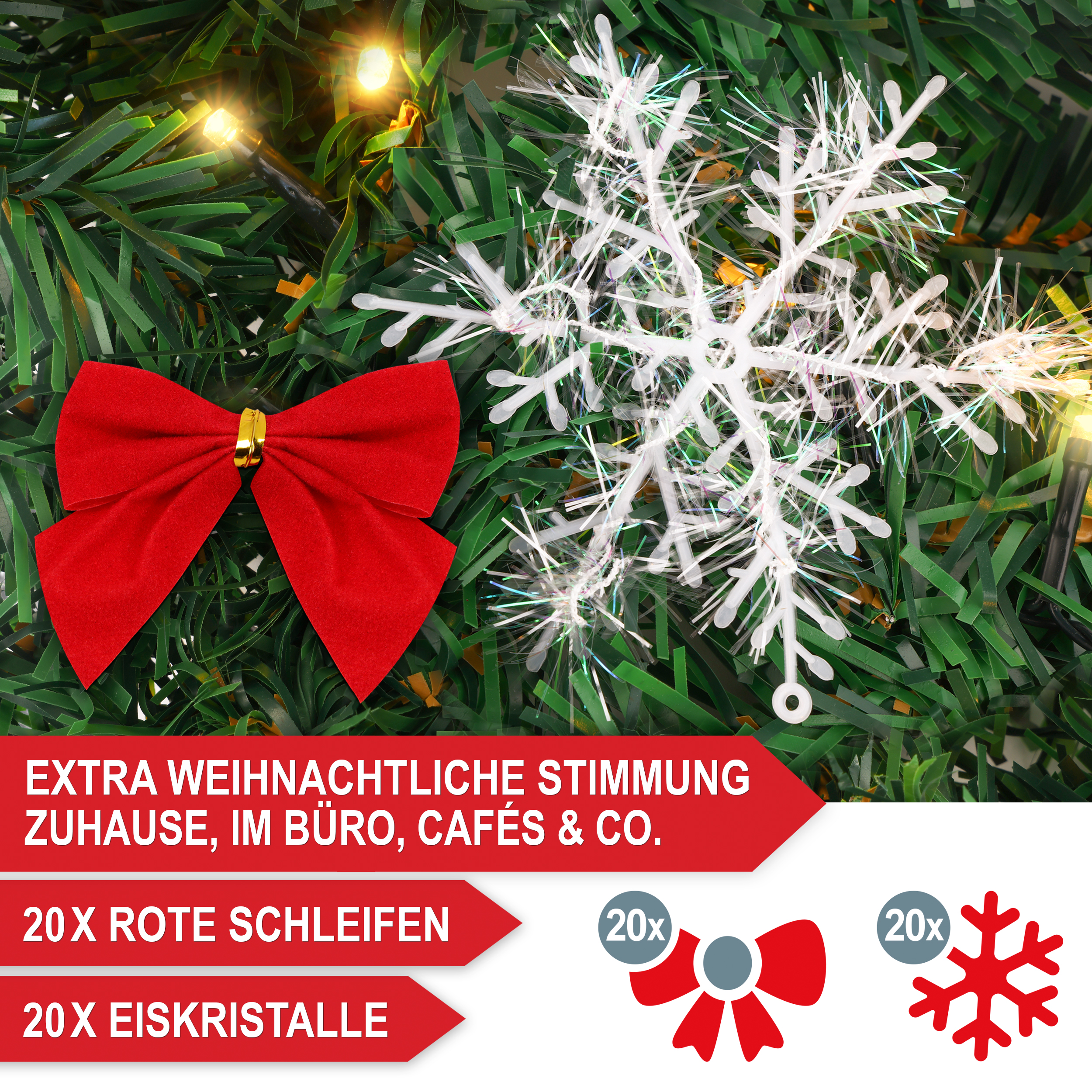 Weihnachtsgirlande - extra weihnachtliche Stimmung zuhause, im Büro, Cafés & Co. - 10x rote Schleifen - 10x Eiskristalle - Christbaumgirlande - Weihnachtsdekoration - Baumschmuck - Festliche Dekoration - Baumgirlande - Lichtergirlande - Dekogirlande