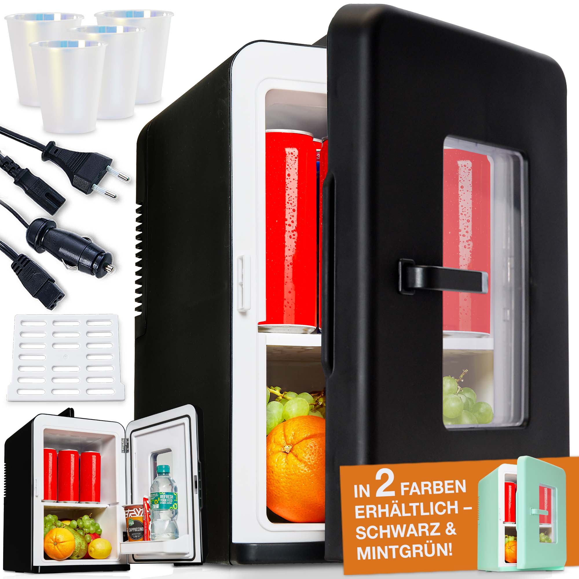 Mini-Kühlschrank schwarz mit Zubehör für unterwegs kompakte Kühlbox ideal für Getränke Snacks und mehr geeignet für Auto und Zuhause mit verschiedenen Stromkabeln und zusätzlichen Kühlmöglichkeiten