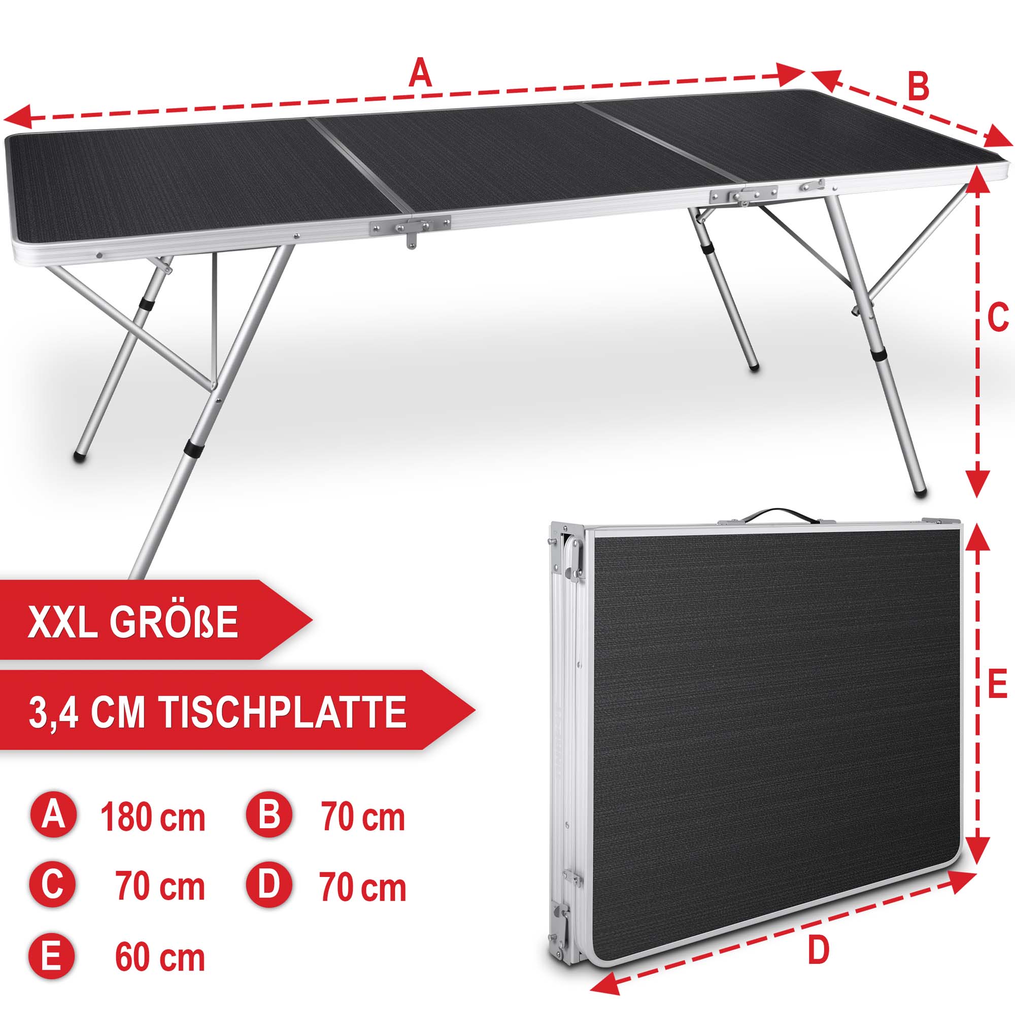 Klapptisch Sylt - XXL Größe - 3,4 cm Tischplatte - A 180 cm - B 70 cm - C 70 cm - D 70 cm - E 60 cm - Falttisch - Campingtisch - Biertisch - Gartentisch