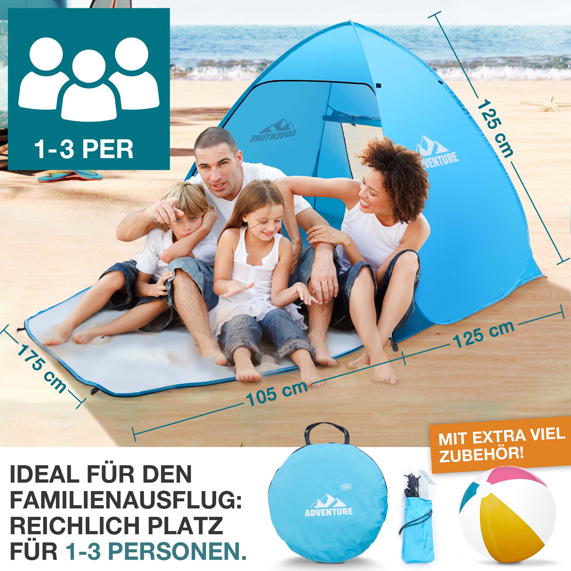 Blaue Strandmuschel am Strand bietet Platz für 1-3 Personen mit den Maßen 125 cm Höhe und 105 cm Breite inklusive Tragetasche und Zubehör ideal für Familienausflüge