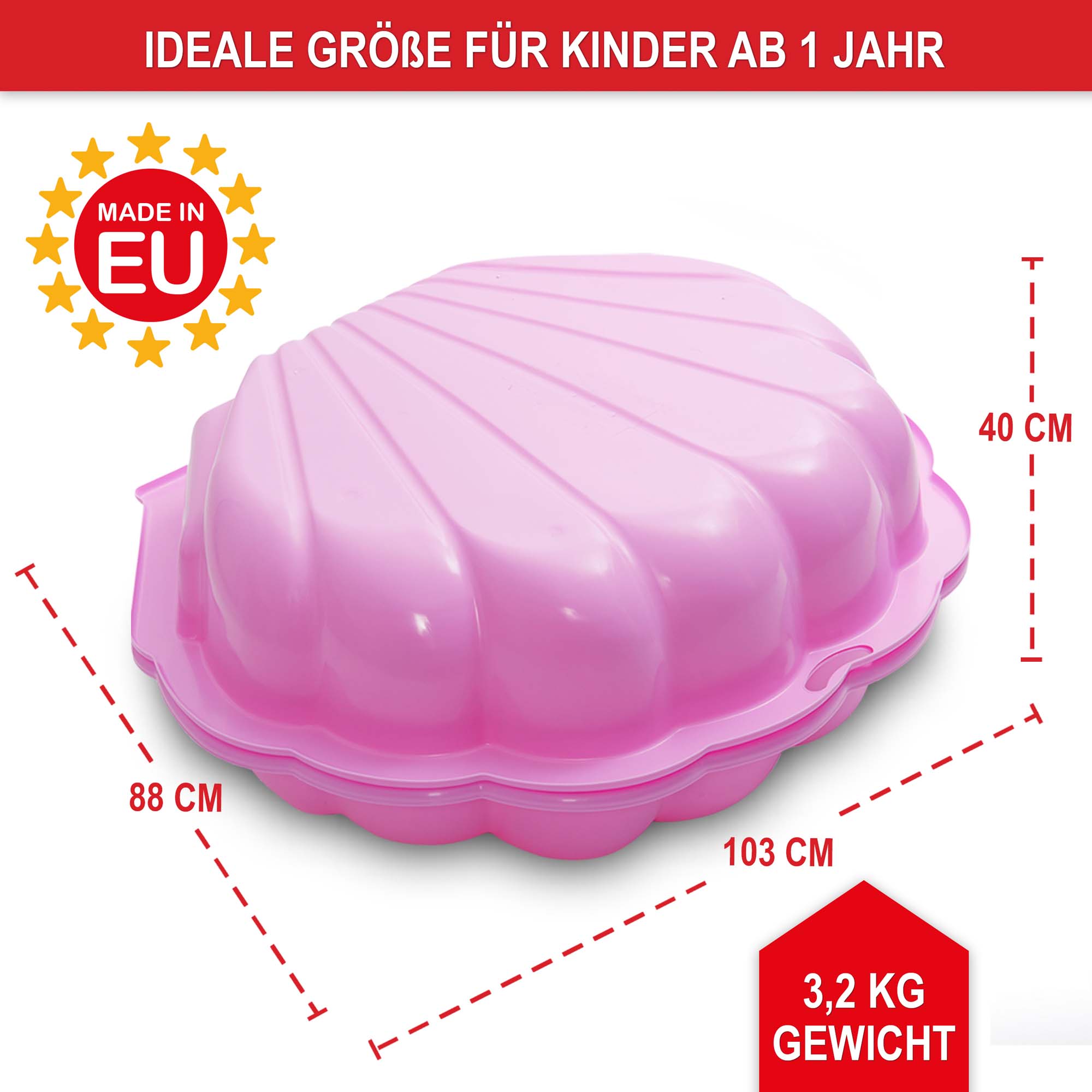 Sandkasten Muschel pink - ideale Größe für Kinder ab 1 Jahr - Maße 103 cm x 88 cm x 40 cm - Gewicht 3,2 kg - Sandkasten - Kinderspielzeug - Outdoor-Spielzeug - Sandmuschel - wetterfest - Gartenspielzeug - doppelwandig