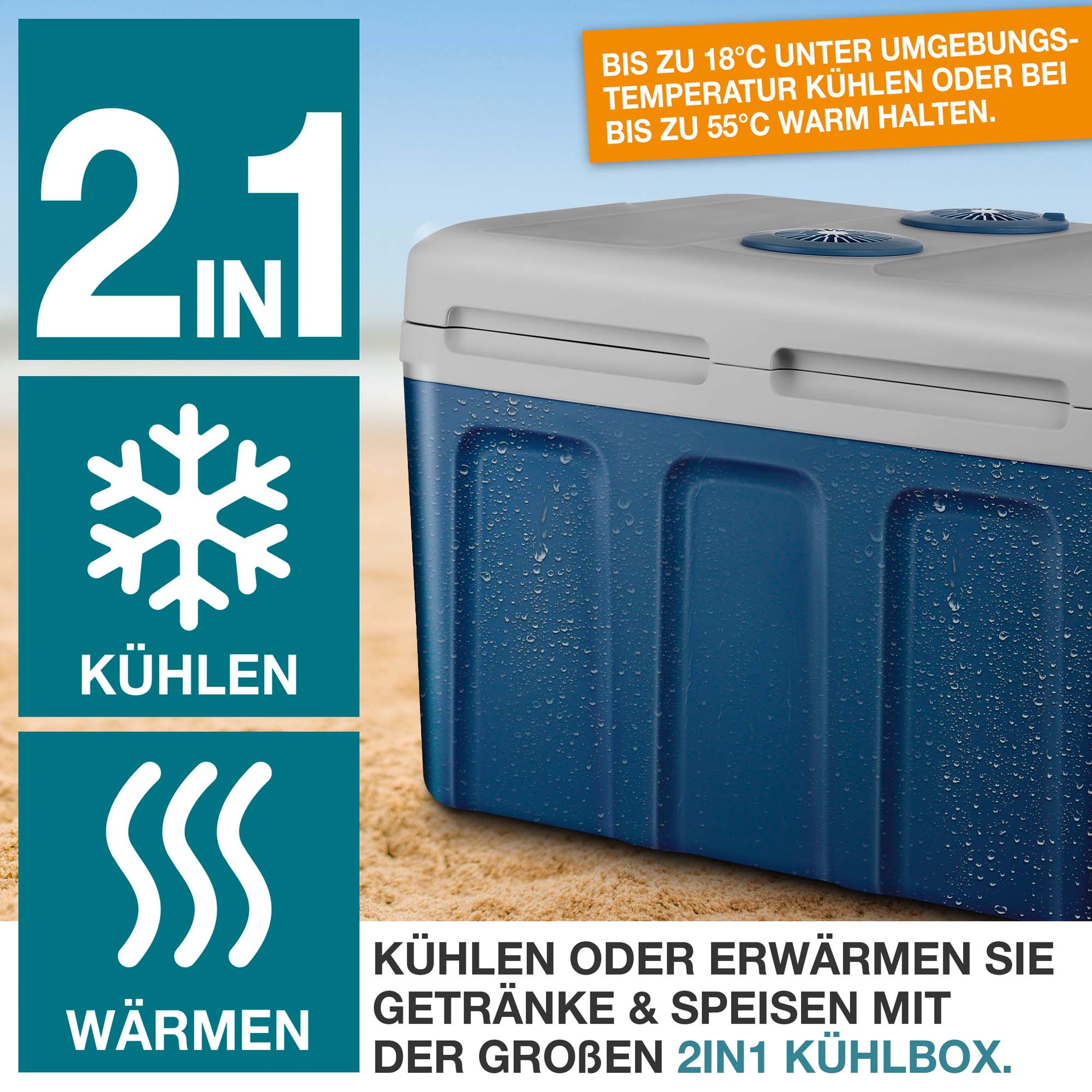 2-in-1 Kühl- und Wärmebox – Elektrische Kühlbox Blau 40L – Getränke und Speisen kühlen oder erwärmen – Ideal für unterwegs und Zuhause – Mit 230V und 12V Anschluss – Tragbare Kühlbox – Perfekt für Camping und Picknick