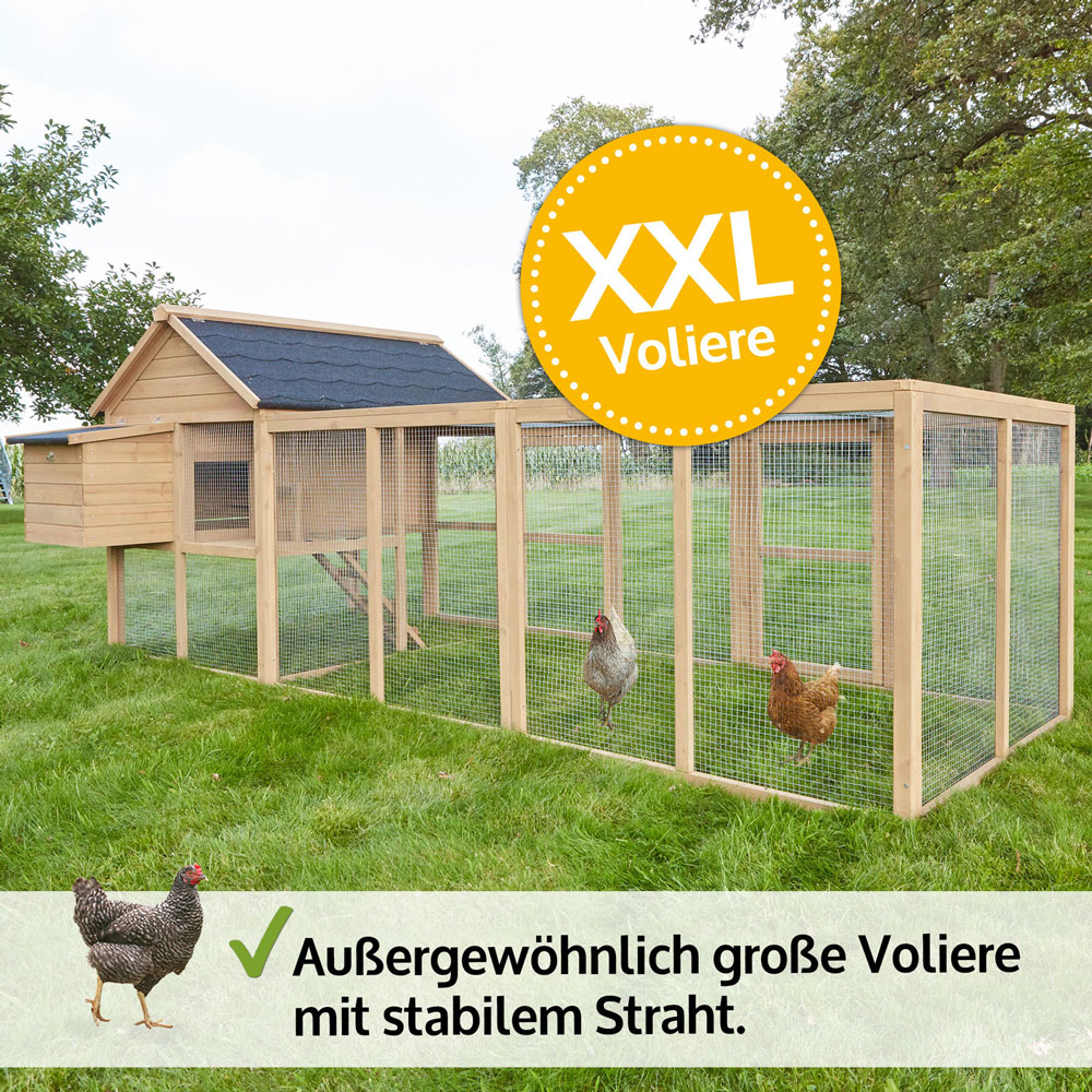 XXL Hühnervoliere Happy Huhn mit besonders großem Auslaufbereich aus massivem Holz und stabilem Draht bietet Ihren Hühnern viel Platz zum Scharren und Picken in sicherer Umgebung