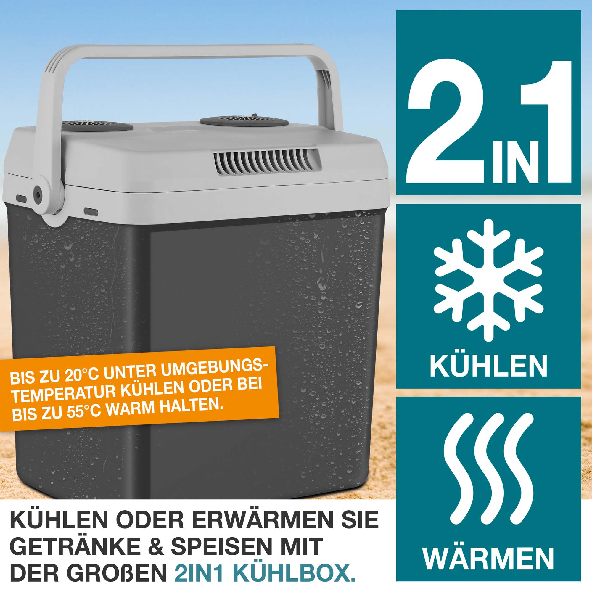 Kühlbox – Kühlbehälter – Getränkekühler – Speisenkühler – Wärmekasten – Thermobox – Eiskasten – Warmhaltegerät – Kühltasche – 2-in-1 Kühler grau