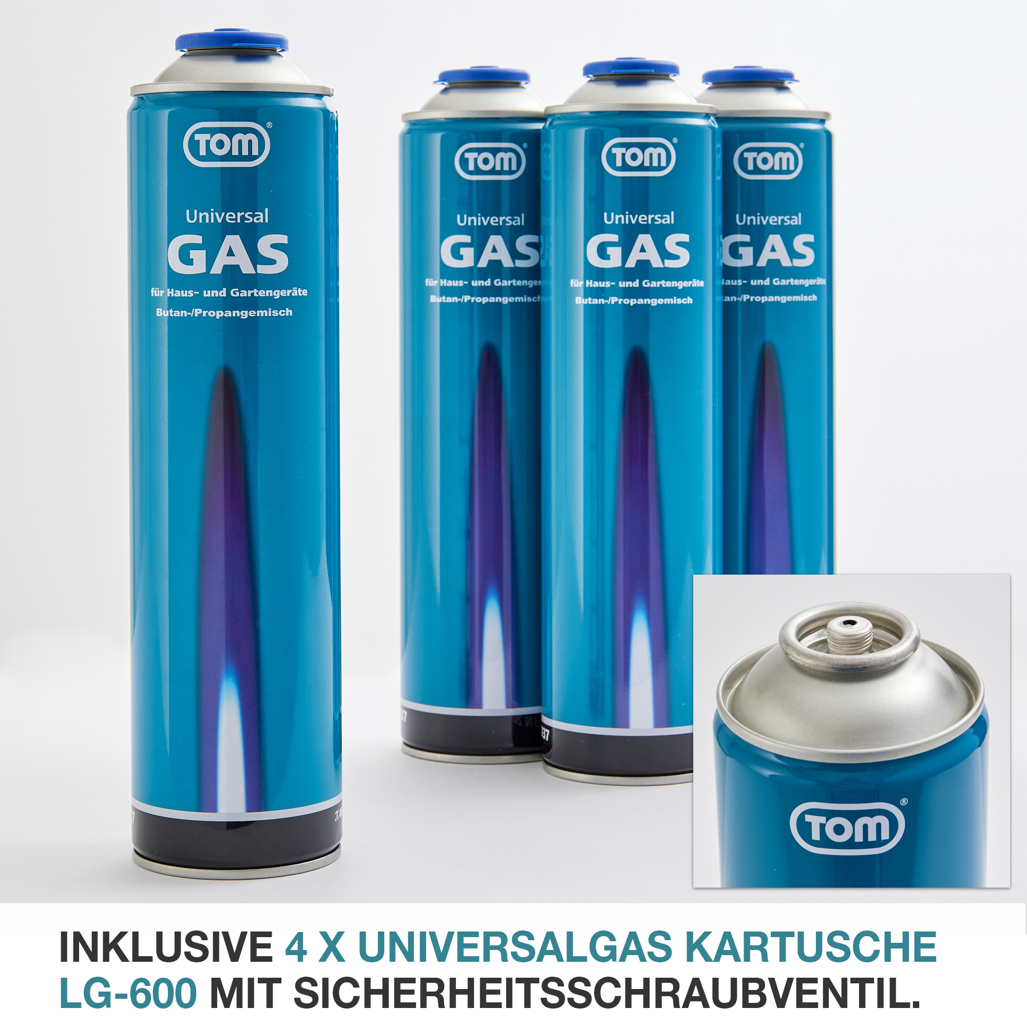 Inklusive 4 x Universalgas-Kartusche LG-600 mit Sicherheitsschraubventil