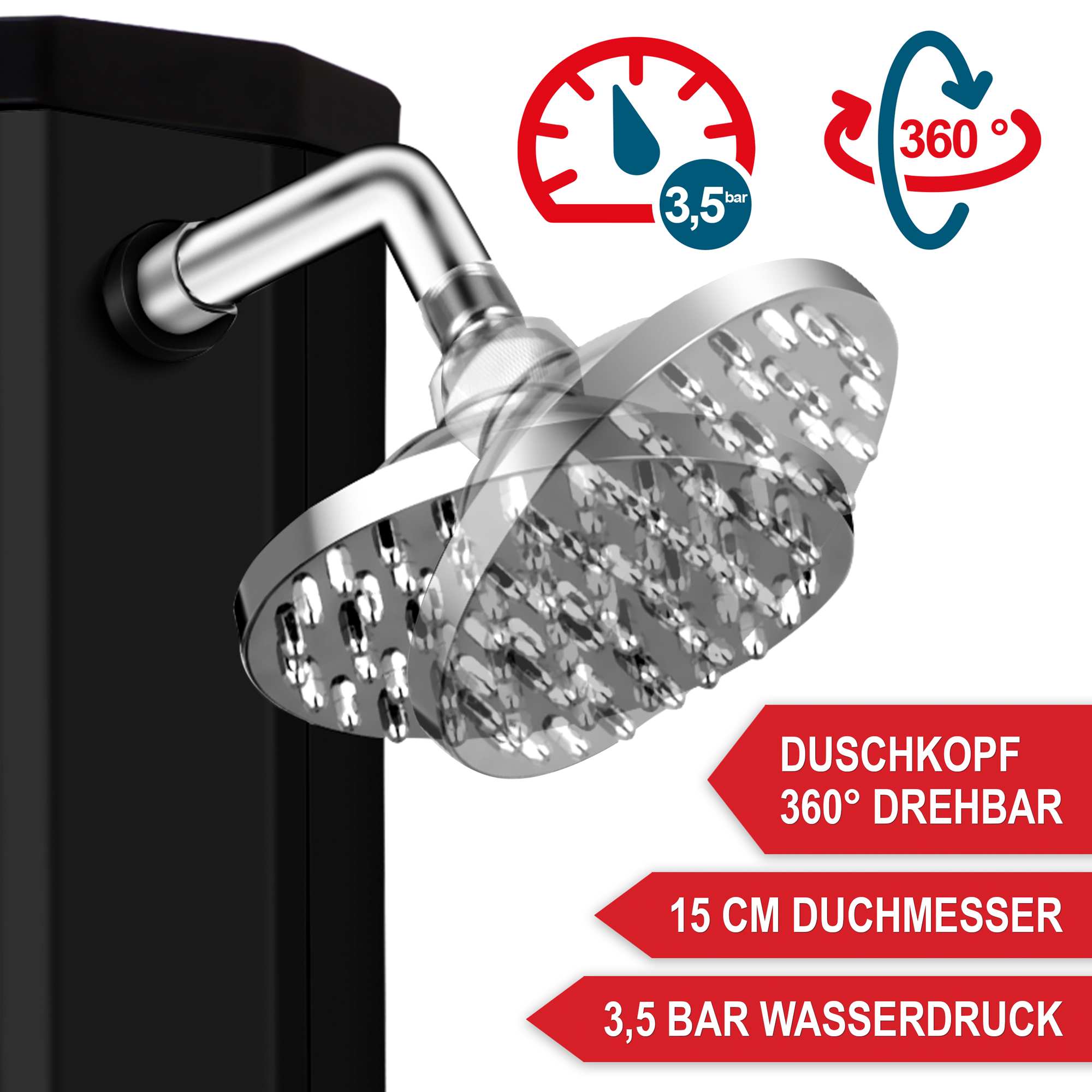 Duschkopf 360 Grad drehbar - 15 cm Durchmesser - 3,5 Bar Wasserdruck - Solardusche - Gartendusche - Außendusche - Pooldusche - Drehsystem - Hochdruck-Duschkopf - Rotationsduschkopf - Komfortabler Duschstrahl