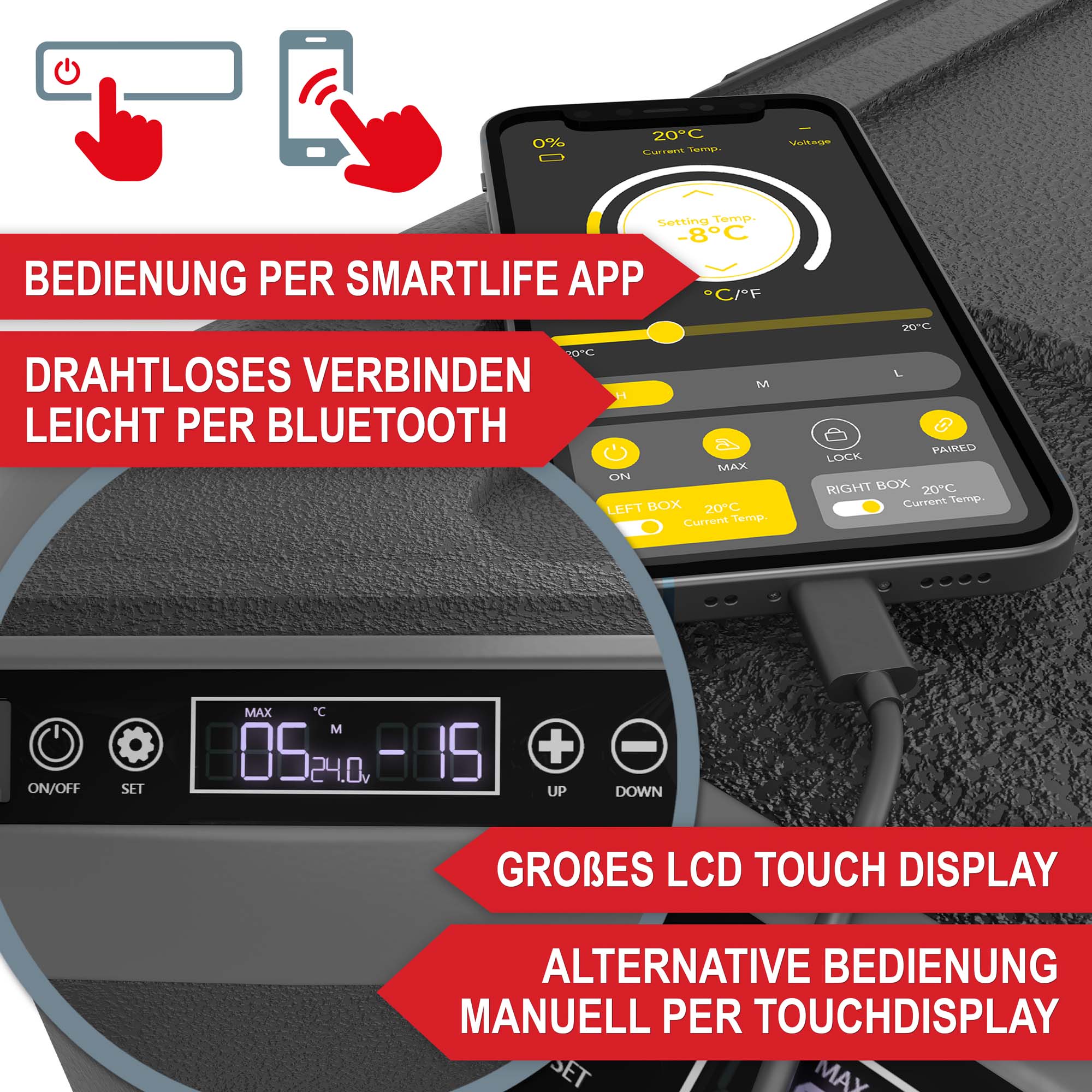 Großes LCD Touch Display und Steuerung per Smartlife App der Kompressor Kuehlbox