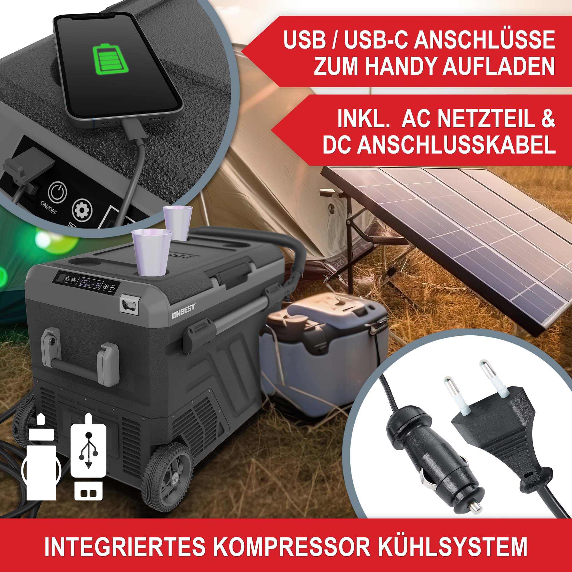 Kompakte Kühlbox mit USB / USB-C Anschlüssen für Handy Aufladen unterwegs