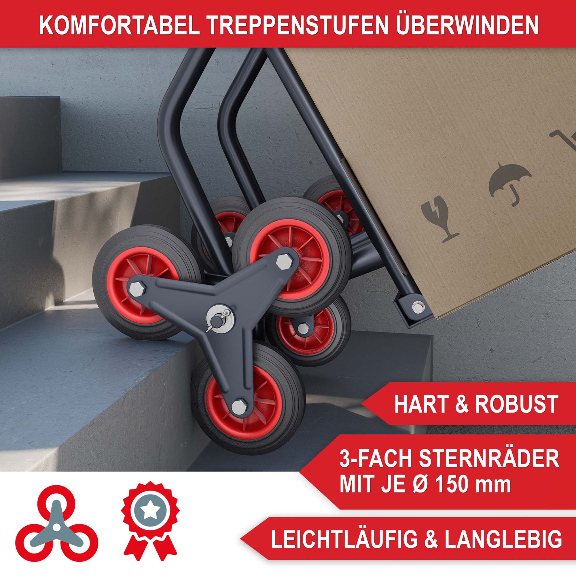 Treppensackkarre - komfortabel Treppenstufen überwinden - hart & robust - 3-fach Sternräder mit je 150 mm Durchmesse - leichtläufig & langlebig - Transportkarre - Lastenkarre - Umzugshilfe