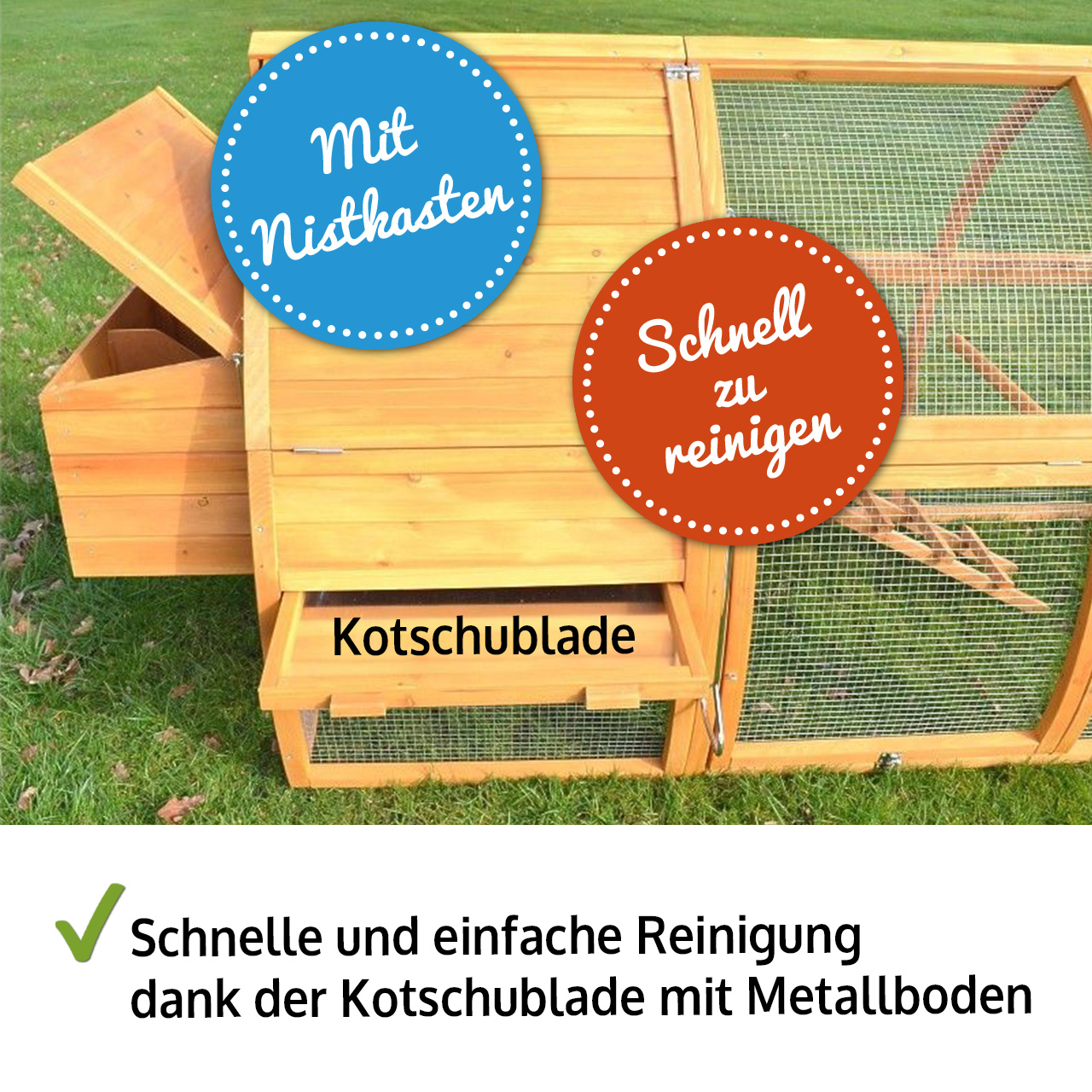 Schnelle und einfache Reinigung dank der praktischen Kotsschublade mit Metallboden hält den Stall hygienisch und sauber