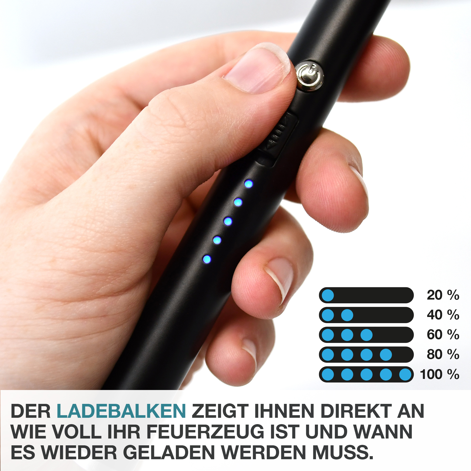 Der Ladebalken zeigt Ihnen direkt an, wie voll Ihr Lichtbogenfeuerzeug ist und wann es wieder geladen werden muss. Lichtbogenfeuerzeug – Elektronischer Zünder – Feueranzünder – Gasanzünder – Zigarettenanzünder