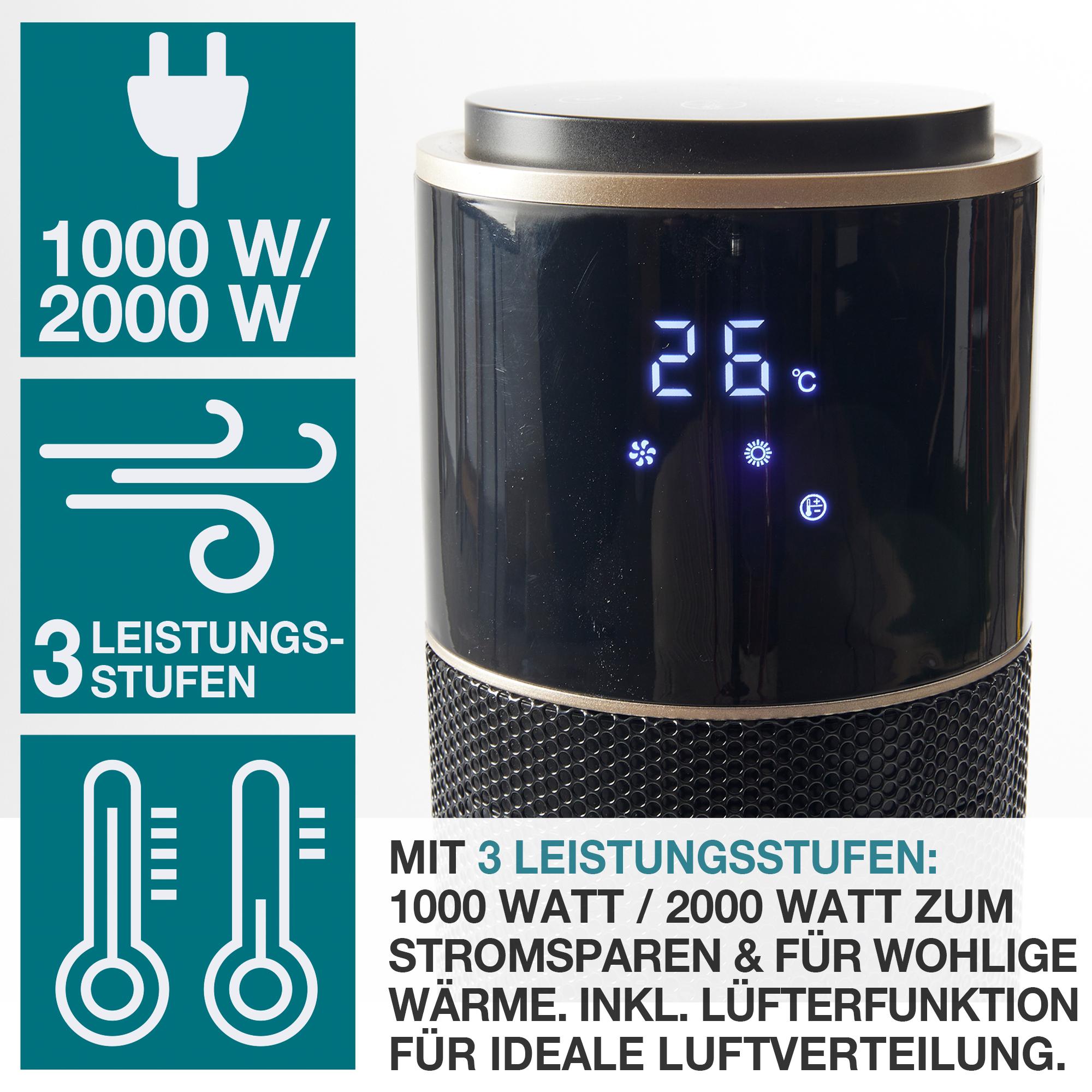 Turmheizer TH-500 mit digitalem Display 3 Leistungsstufen 1000 Watt und 2000 Watt für energiesparende Wärme inklusive Lüfterfunktion für optimale Luftverteilung