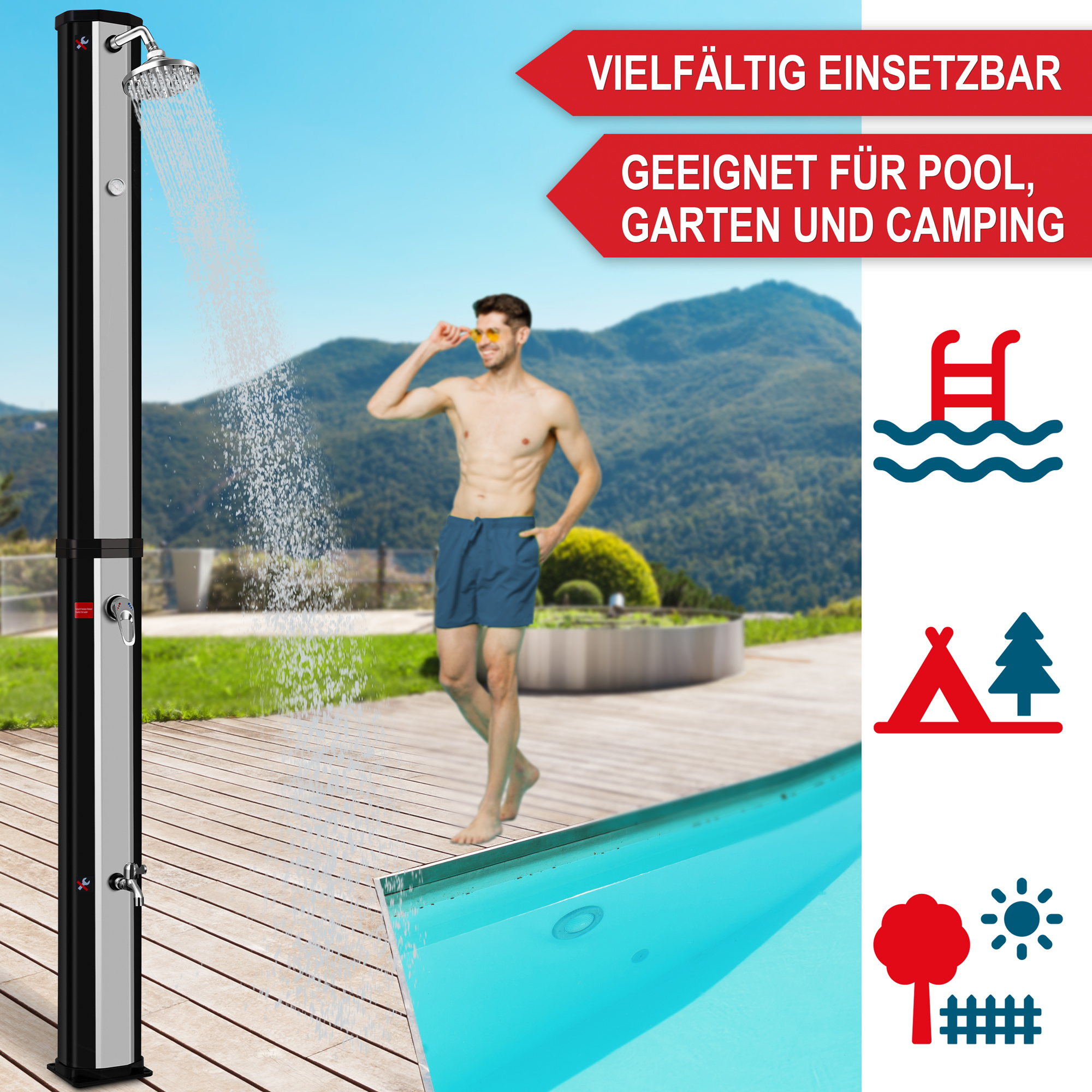 Vielseitig einsetzbare Solardusche - Gartendusche für Pool, Garten und Camping - Umweltfreundliche Außendusche - Energiesparende Pooldusche - Freiluftdusche - Nachhaltige Wassernutzung - Outdoor - Wellness - Duschsäule in schwarz-grau