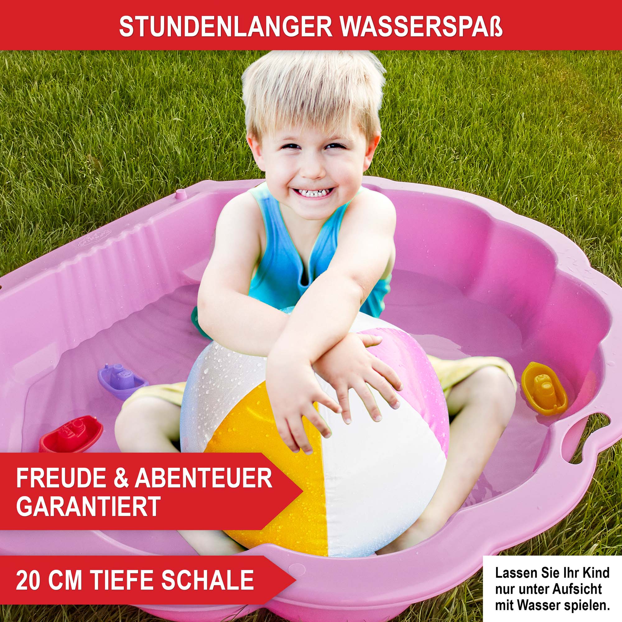 Stundenlanger Wasserspaß - Freude und Abenteuer garantiert - 20 cm tiefe Schale - Sandkasten Muschel pink - bis zu 100 kg Sand - ideal für Kinder ab 1 Jahr - wetterfest - Kinderspielzeug - Gartenspielzeug - doppelwandig