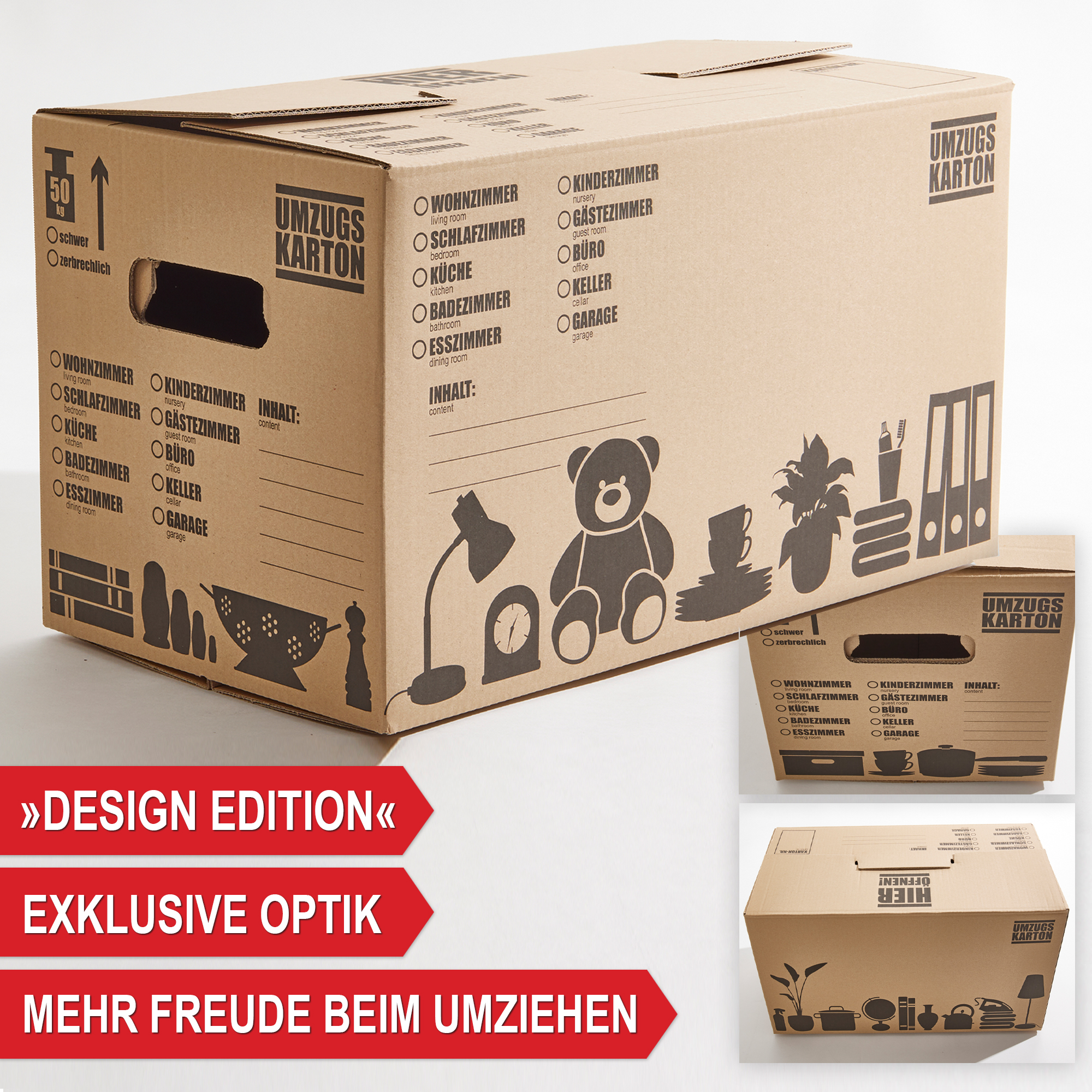 Umzugskarton - Verpackungskarton - Stabile Kartons für Umzug und Lagerung - Design Edition - Exklusive Optik - Mehr Freude beim Umziehen - Extra Stabil und Langlebig - Verstärkte Griffe - Doppelt verstärkter Schmetterlingsboden - Transportkarton