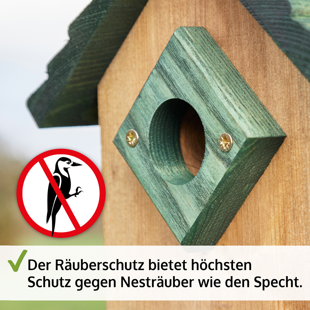 Der integrierte Räuberschutz schützt effektiv vor Nesträubern wie Spechten und sorgt für die Sicherheit der Vögel im Nistkasten