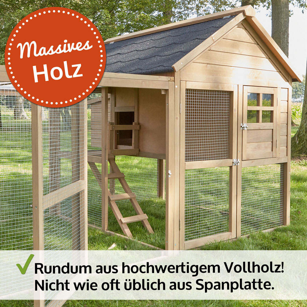 Hühnervoliere Happy Huhn in Braun aus hochwertigem Vollholz nicht wie oft üblich aus Spanplatte gefertigt für eine langlebige und robuste Konstruktion