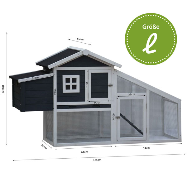 Hühnervoliere Dottie L mit integriertem Freilauf Maße 175 cm x 66 cm x 101 cm