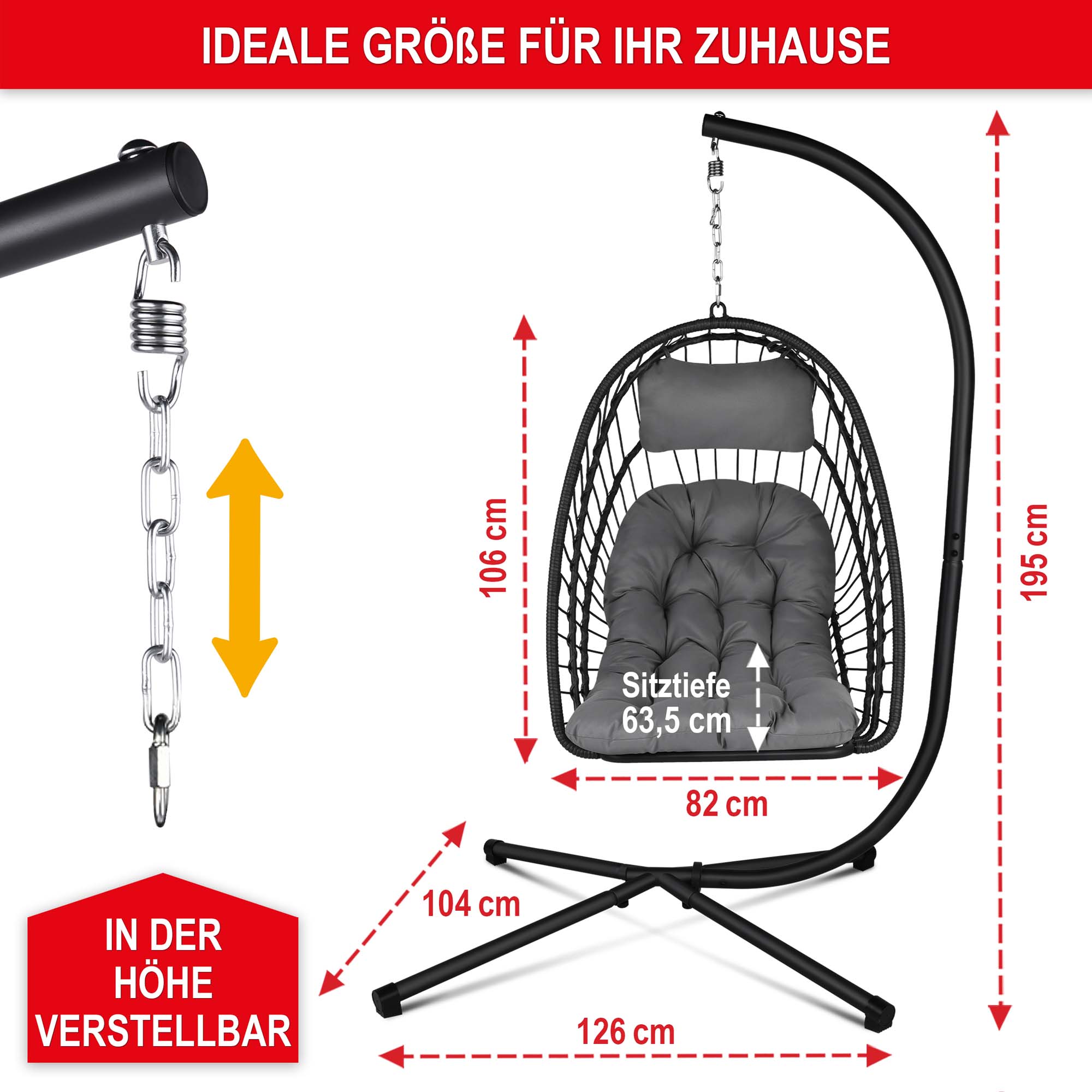 Komfortabler Hängesessel grau in der Höhe verstellbar Gesamtmaße 195 cm hoch 106 cm tief 82 cm breit