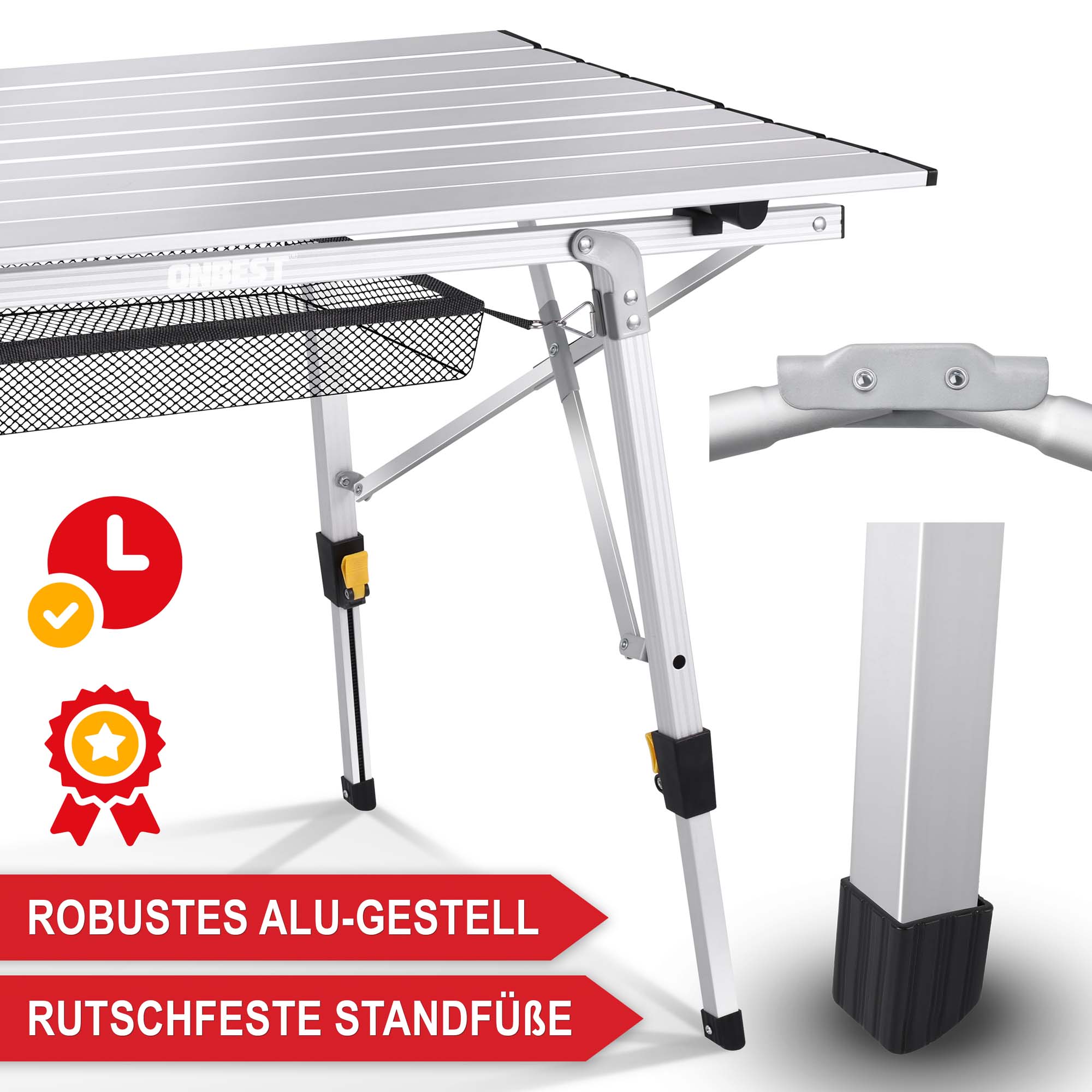 Campingtisch mit robustem Alu-Gestell und rutschfesten Standfüßen - Klapptisch - Höhenverstellbarer Outdoor-Tisch - Stabiler Picknick-Tisch - Leichter Esstisch für Camping - Faltbarer Gartentisch