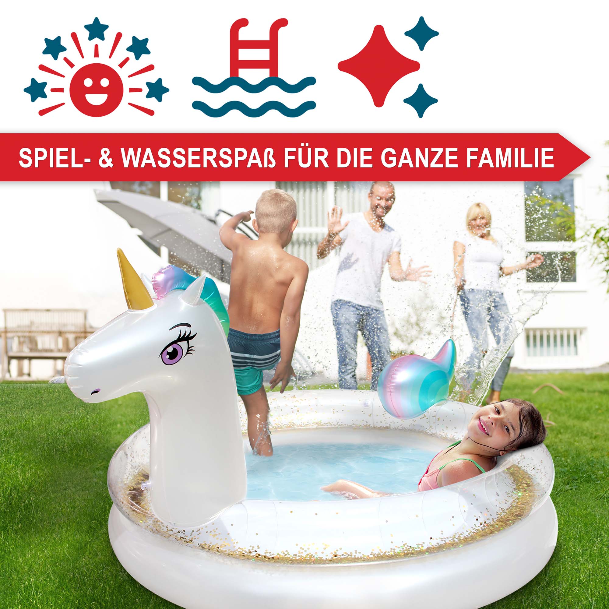 Einhorn-Planschbecken für Spiel- und Wasserspaß die ganze Familie kann mitmachen