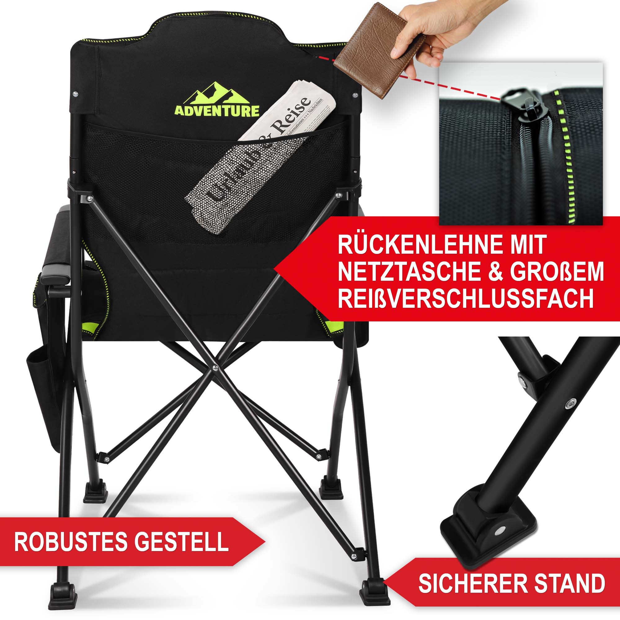 Campingstuhl Schwarz-Gruen mit robusten Gestell sicheren Stand und Netztasche und großen Reißverschluss in der Rückenlehne