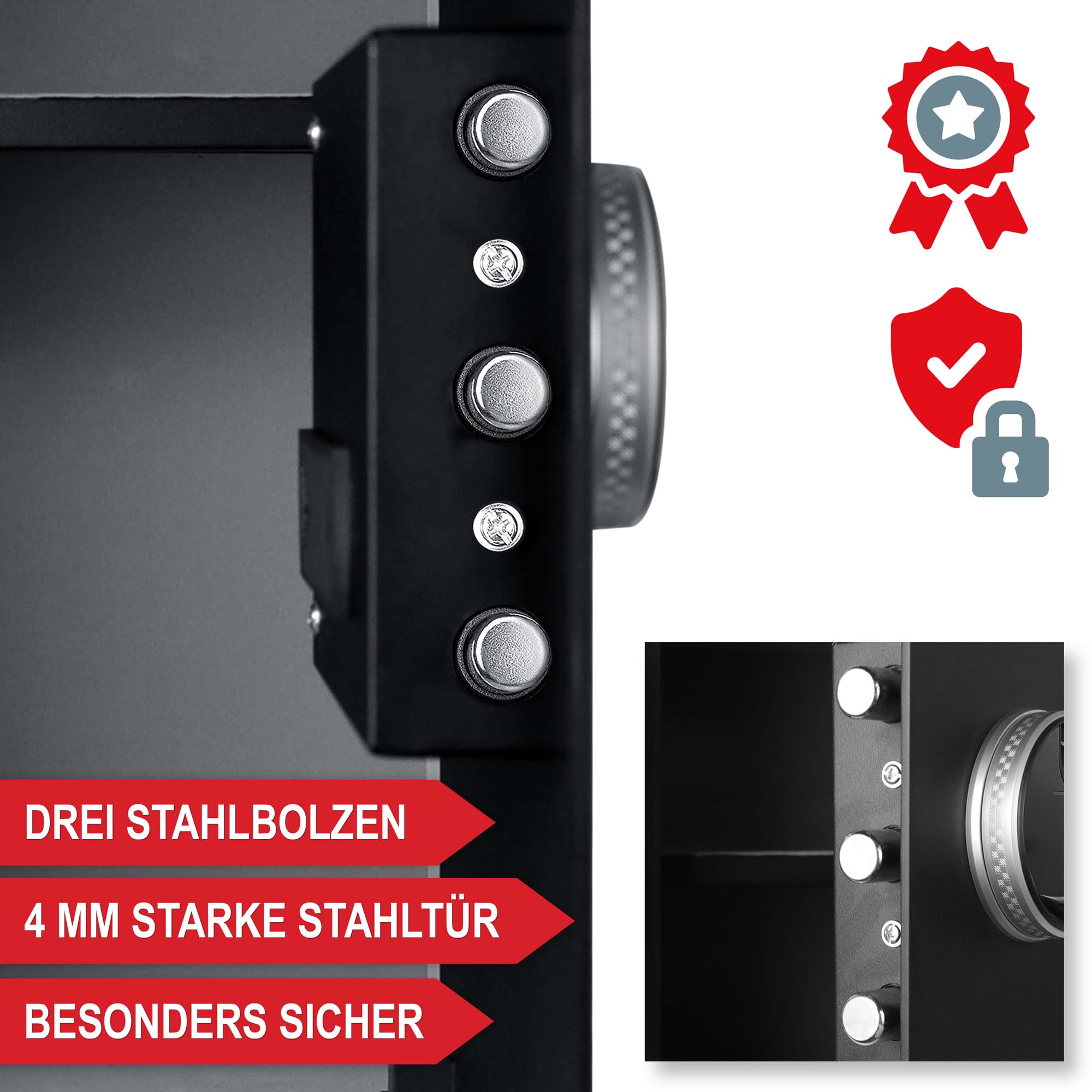 Drei Stahlbolzen - 4 mm starke Stahltür - Besonders sicher - Tresor - Sicherheitstresor - Möbeltresor - Safe - Schutz vor Diebstahl - Sicherer Aufbewahrungsort