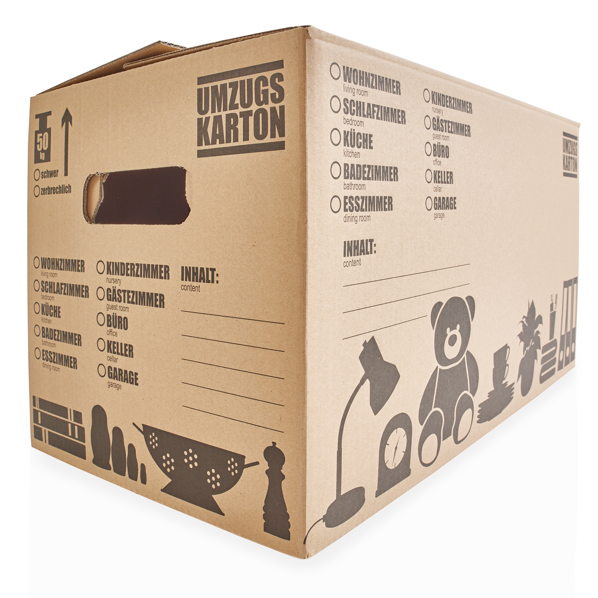 Umzugskarton - Verpackungskarton  - Stabile Kartons für Umzug und Lagerung - 50 kg Tragkraft - Große Beschriftungsflächen - Viele Ankreuzmöglichkeiten - Nummerierungssystem