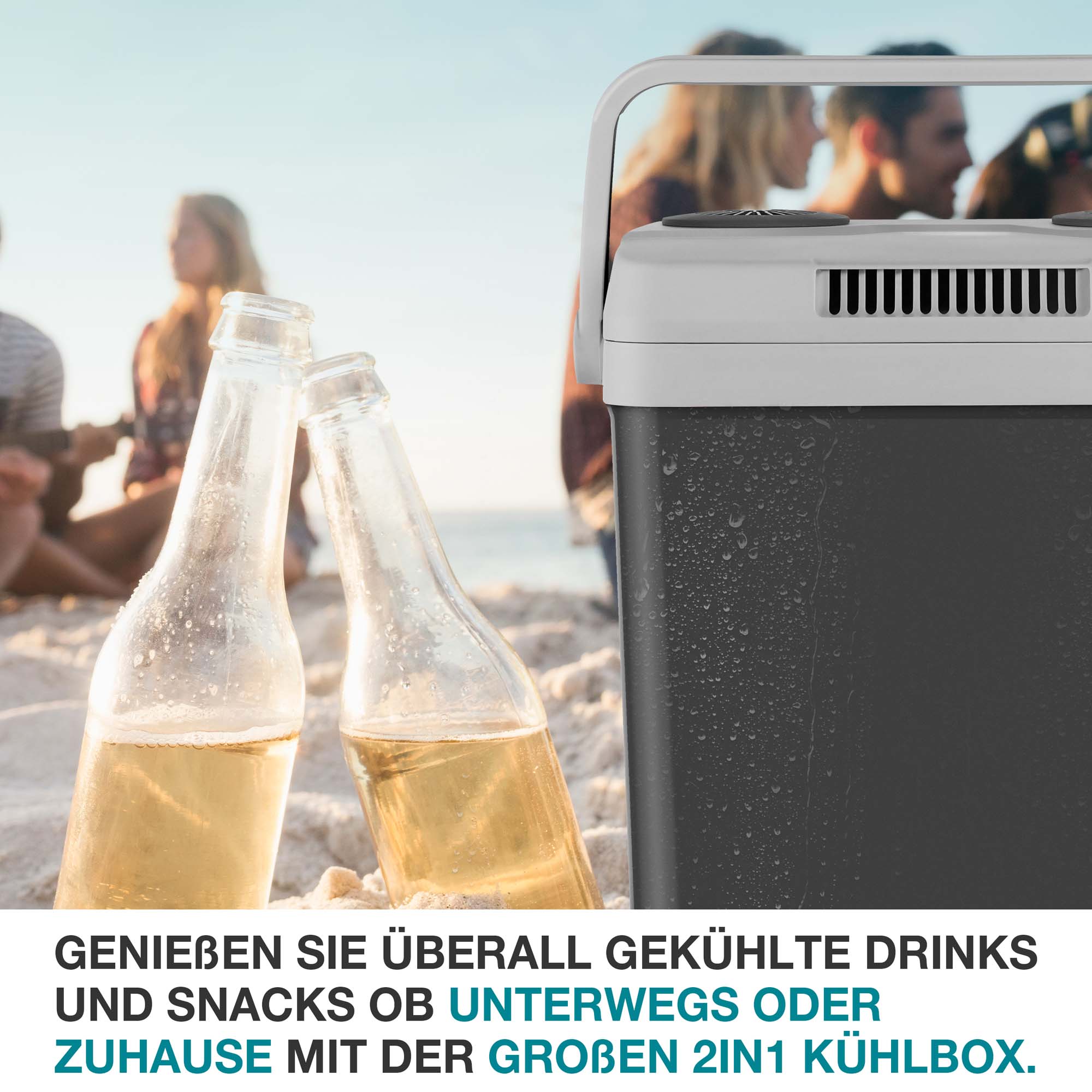 Für unterwegs und zuhause - große 2 in 1 Kühlbox - Thermobox - Kühlbox - Getränkekühler grau