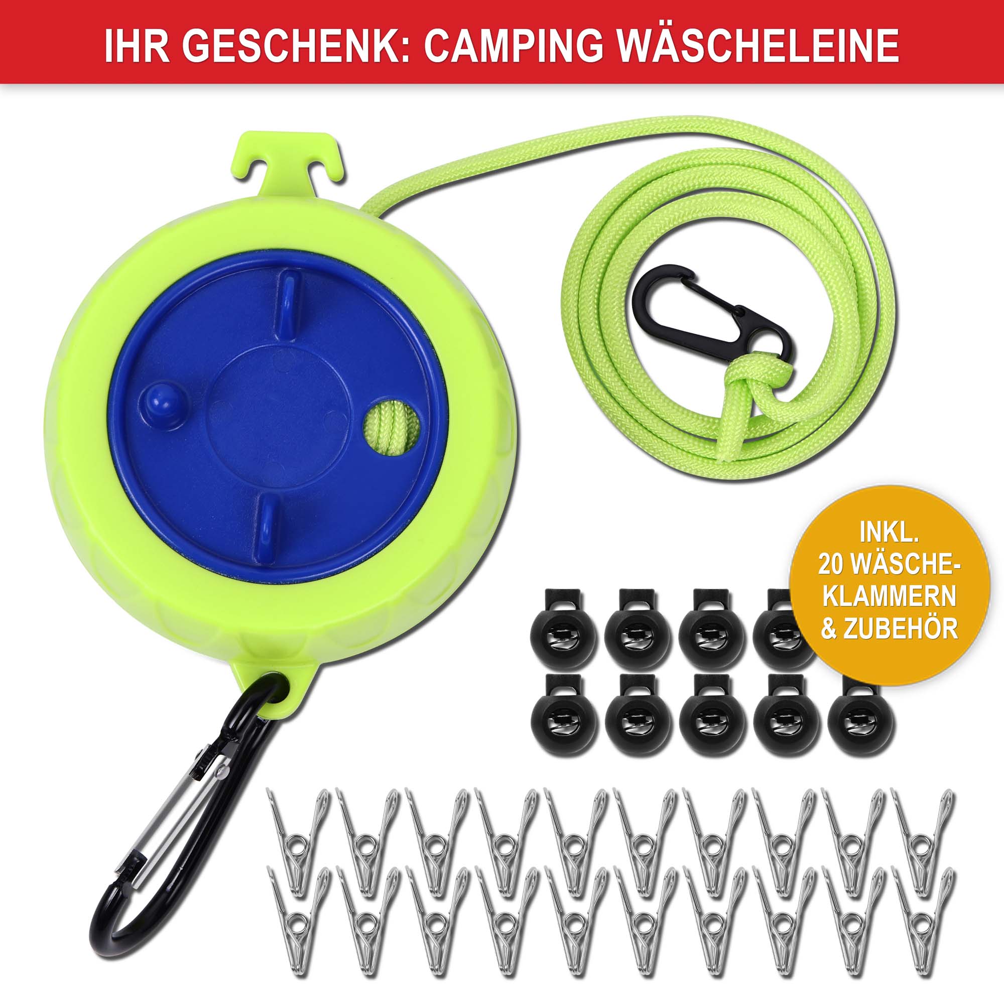 Camping Wäscheleine mit 20 Klammern - Praktische Reise-Wäscheleine - Wäscheleine für Outdoor - Leichte und robuste Wäscheleine - Camp - Klapptisch - klappbar