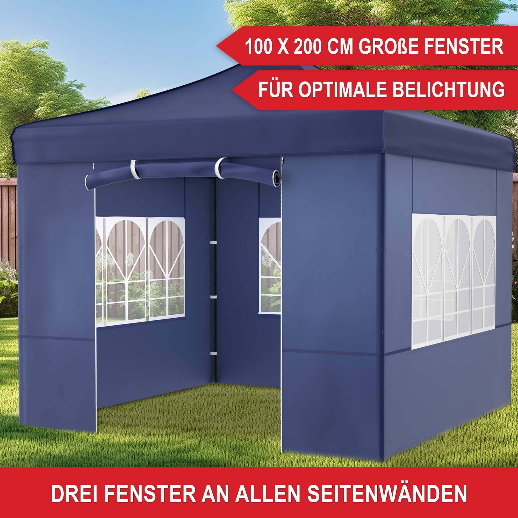 100 x 200 cm große Fenster - für optimale Belichtung - drei Fenster an allen Seitenwänden - Pavillon blau - Schutzdach - Festzelt - Gartenpavillon - Zelt - Eventzelt - Partyzelt - Regenschutz - Sonnenschutz - Überdachung