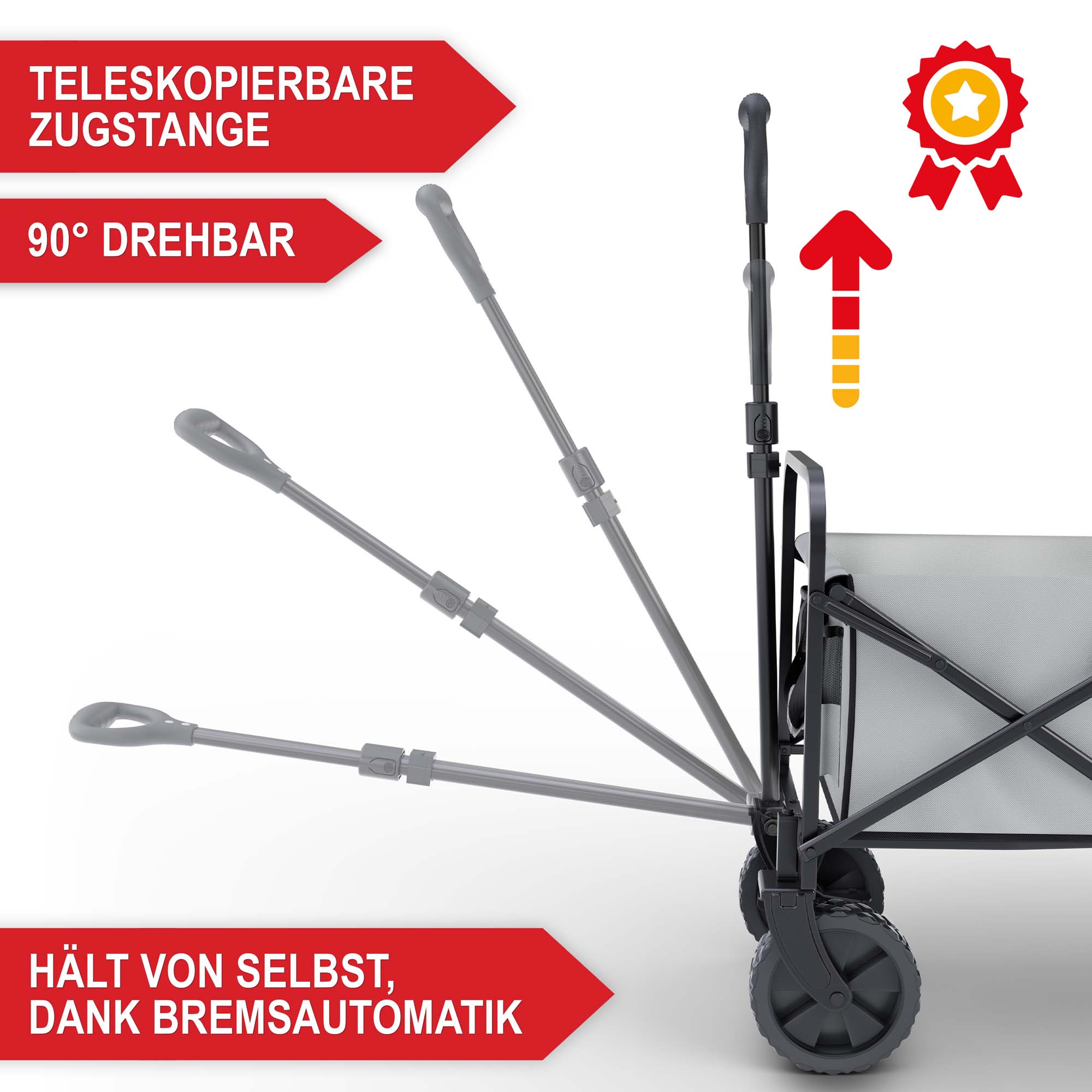 Bremsautomatik und teleskopierbare Zugstange 90 Grad drehbar Bollerwagen Grau