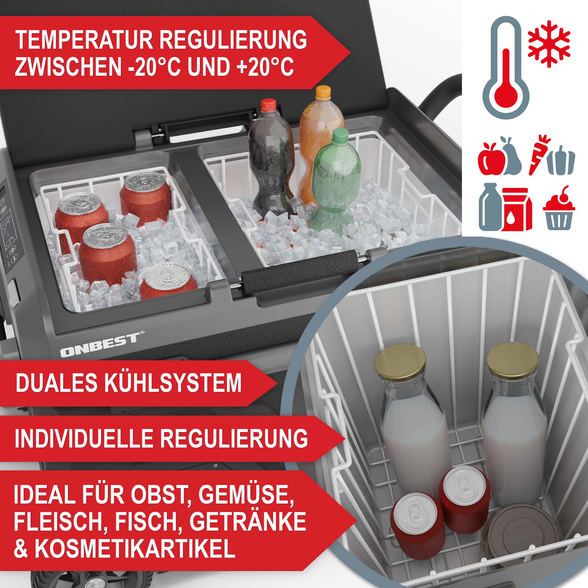 Temperatur Regulierung zwischen -20°C und +20°C mit dualem Kühlsystem