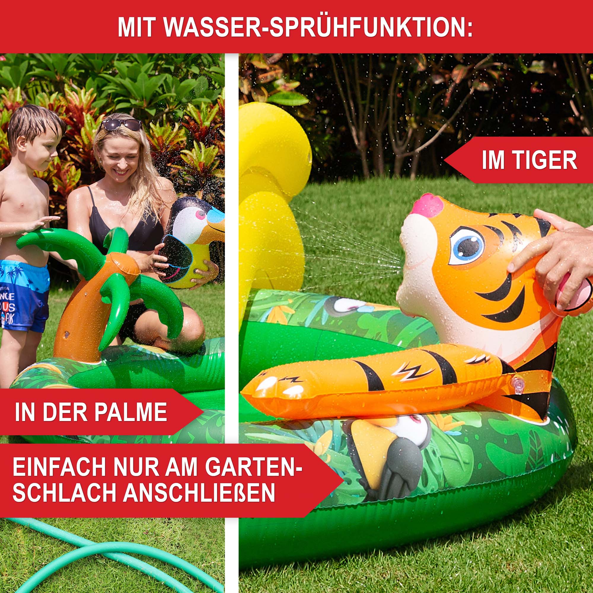 Plansch becken mit integrierter Wasser-Sprühfunktion für zusätzlichen Spielspaß im Garten