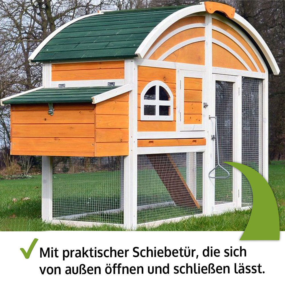 Hühnervoliere KikiRiki mit praktischem Design und einer Schiebetür die sich von außen öffnen und schließen lässt ideal für eine bequeme Handhabung im Garten oder Hof