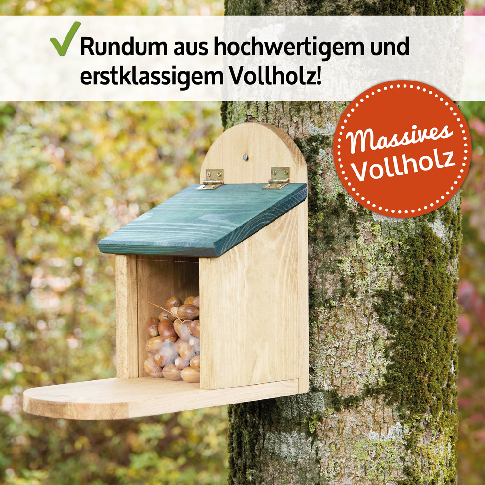 Eichhörnchen Futterstation aus massivem Vollholz robust und langlebig ideal für die naturnahe Fütterung im Garten