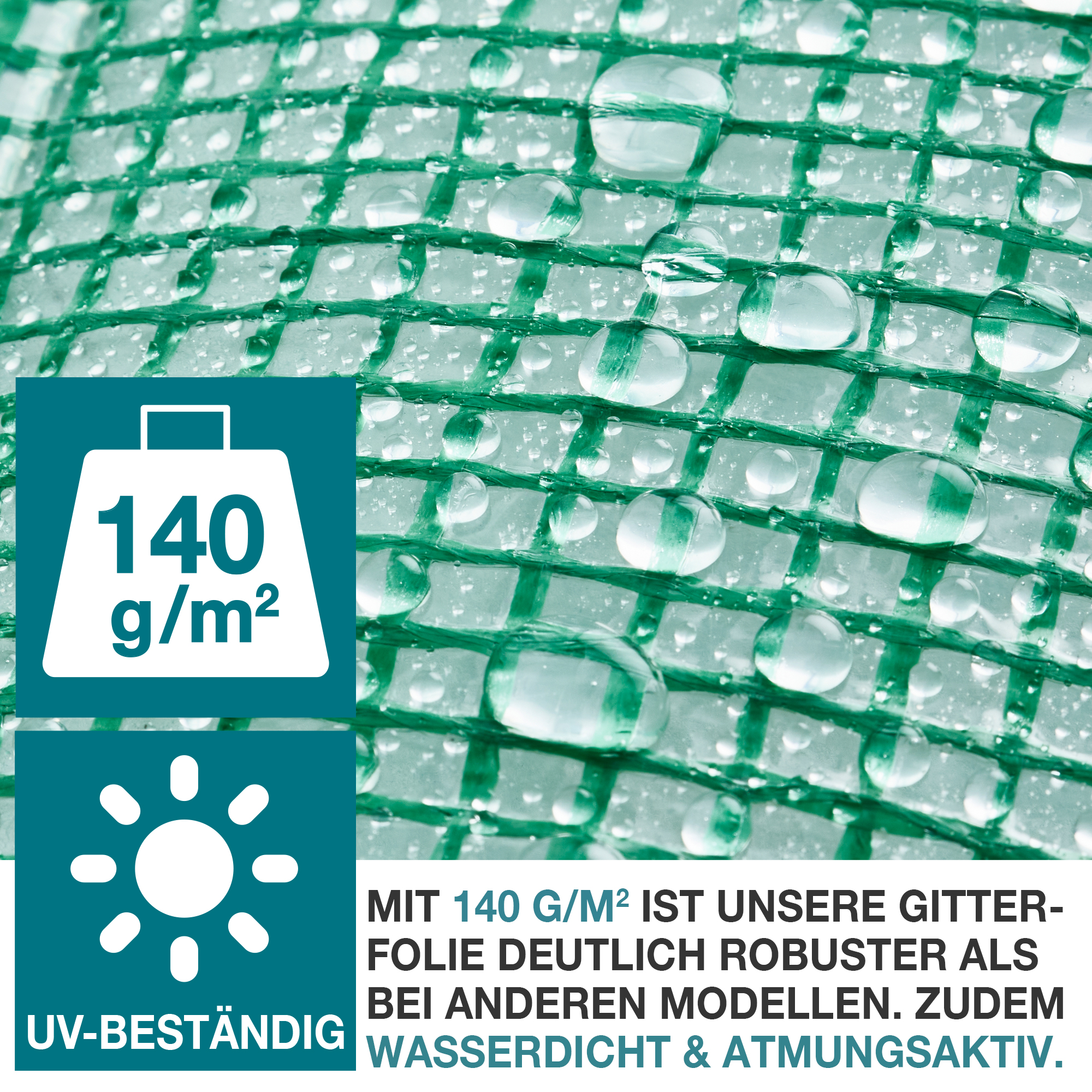 UV-beständig – 140 g/qm – Gitterfolie – Robust – Wasserdicht – Atmungsaktiv – Wetterfest – Strapazierfähig – Gartengewächshaus – Pflanzenhaus – Frühbeet – Hochwertige Folie – Pflanzenschutz