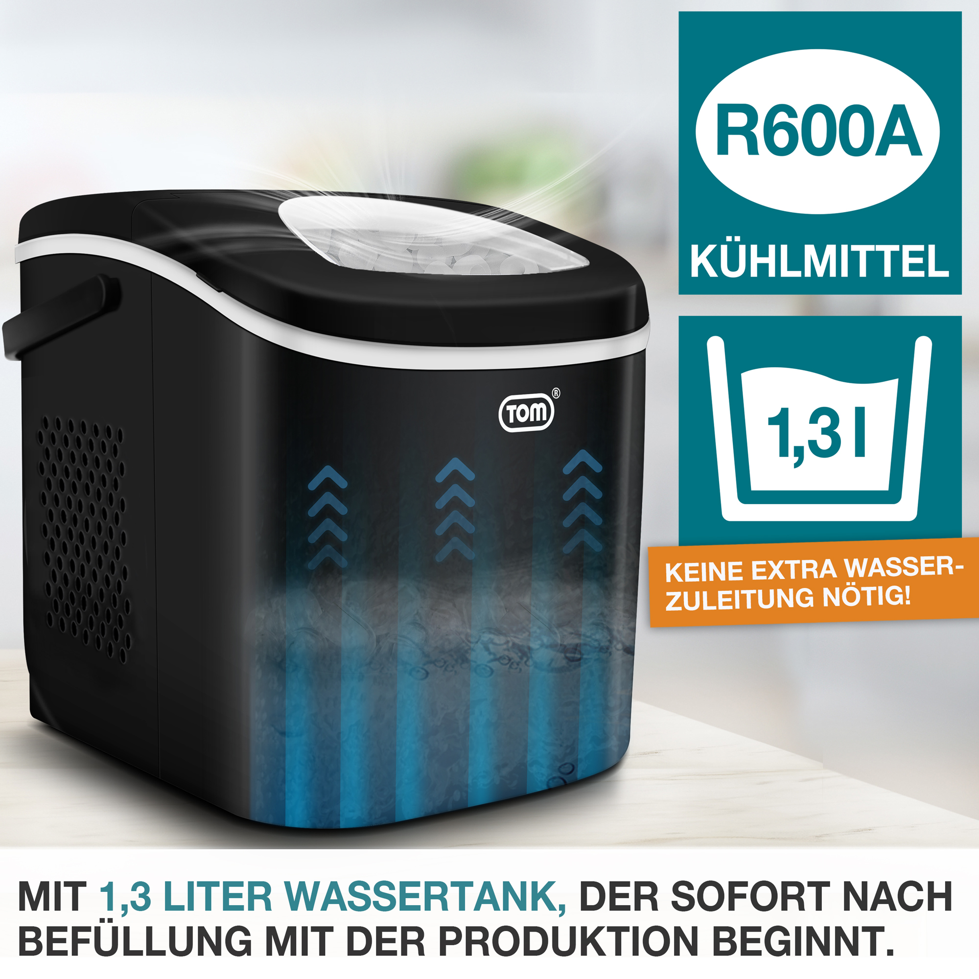 Eiswürfelmaschine IC-120 schwarz – 1,3 Liter Wassertank – R600A Kühlmittel – Keine extra Wasserzuleitung nötig – Schnellstart der Produktion – Kompakte Bauweise – Effiziente Kühlung