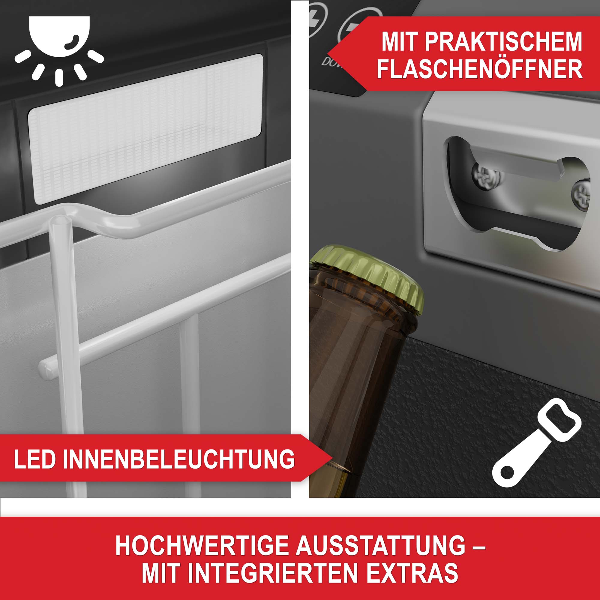 Hochwertige Ausstattung mit LED Innenbeleuchtung und integriertem Flaschenöffner Kühlbox