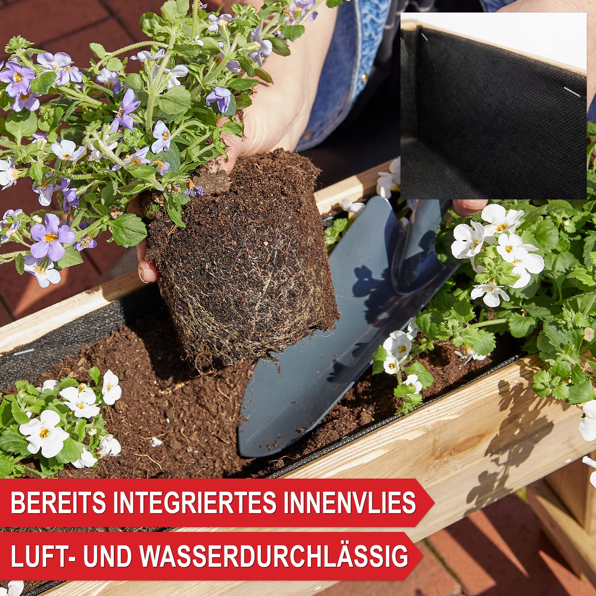 integriertes Innenvlies - luft- und wasserdurchlässig - Pflanzkasten - Gartenbox - Kräuterbeet - Blumenkasten - Balkonpflanzkasten - Pflanzenbehälter - Pflanztreppe - Holzpflanzkasten