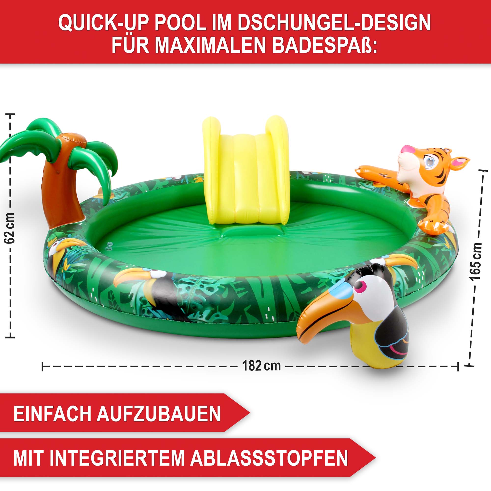 Aufblasbarer Pool im Dschungel-Design mit Rutsche und integriertem Ablassstopfen