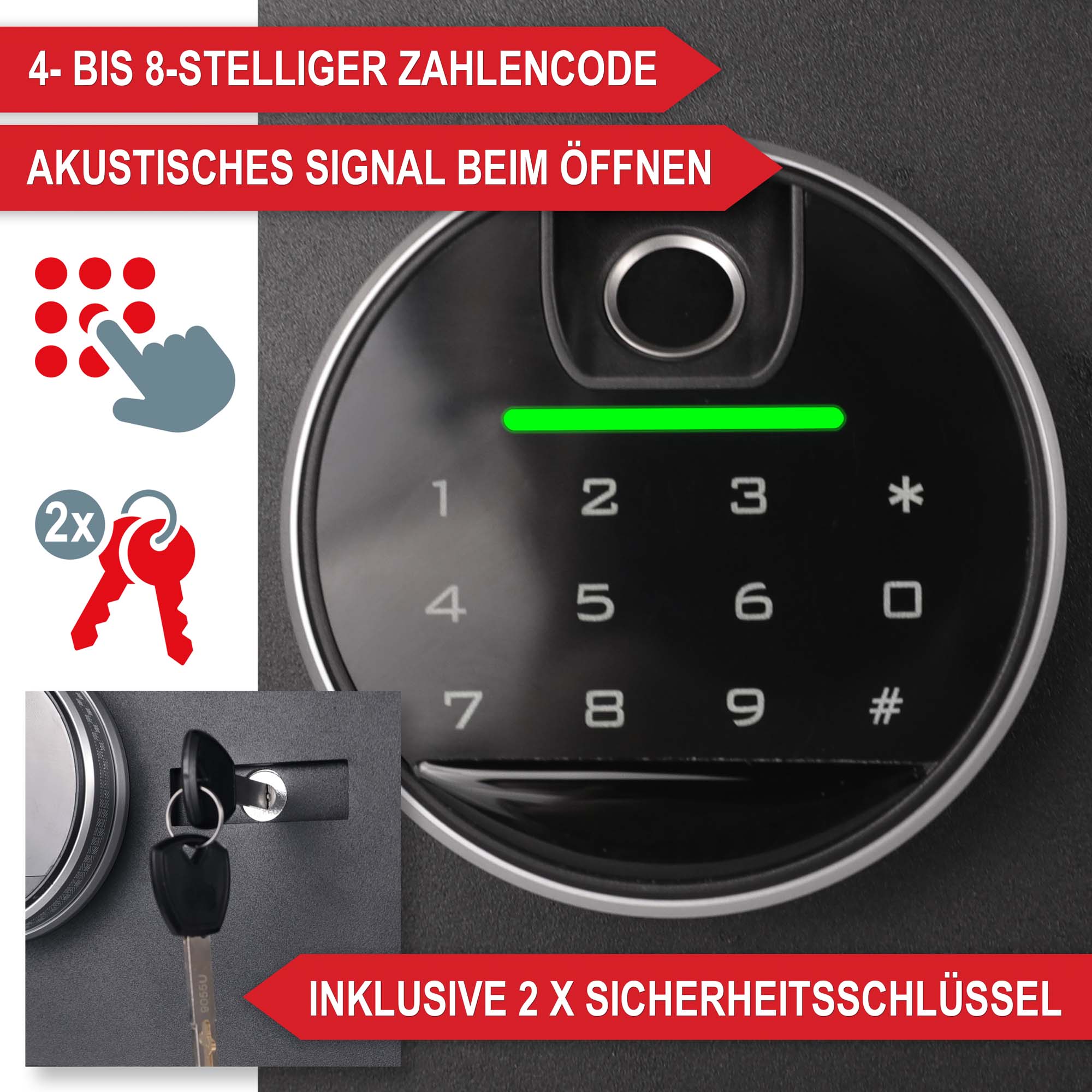 4- bis 8-stelliger Zahlencode - Akustisches Signal beim Öffnen - Inklusive 2 x Sicherheitsschlüssel - Elektronischer Safe - Möbeltresor - Sicherheitsbox - Tresor - Schutz vor Diebstahl - Sichere Aufbewahrung