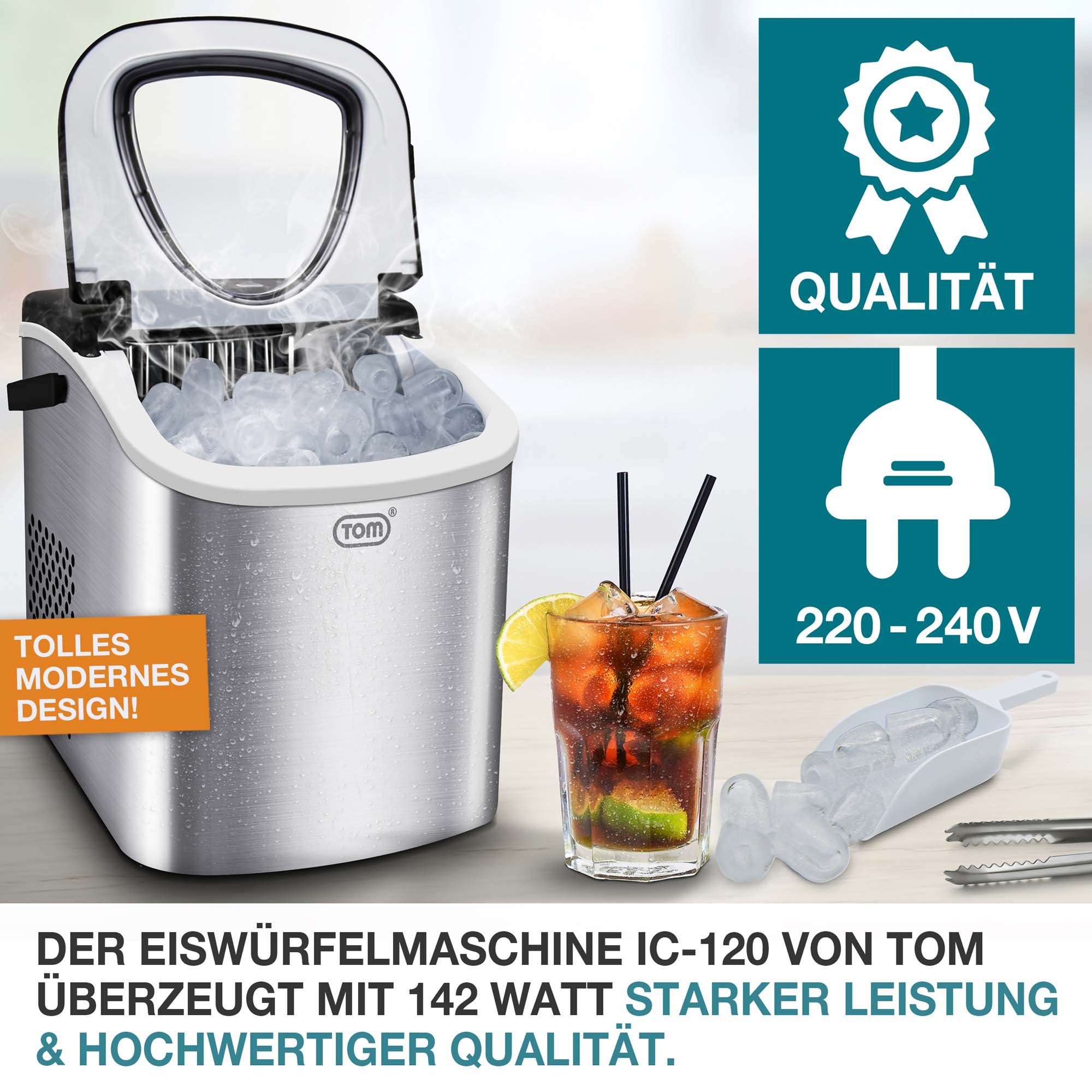 Eiswürfelmaschine IC-120 edelstahl – Starke Leistung mit 142 Watt – Hochwertige Qualität – Modernes Design – 220-240V – Ideal für Getränke – Küchengerät – Schnelle Eisproduktion – Kompaktes Format – Praktisch für Zuhause – Einfache Bedienung