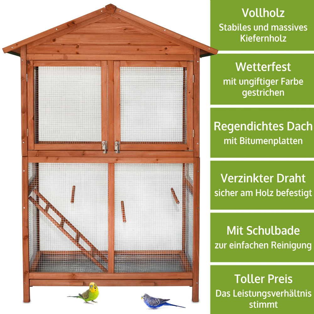 Vollholz stabiles und massives Kiefernholz wetterfest mit ungiftiger Farbe gestrichen regendichtes Dach mit Bitumenplatten verzinkter Draht sicher am Holz befestigt mit Schublade zur einfachen Reinigung toller Preis das Leistungsverhältnis stimmt