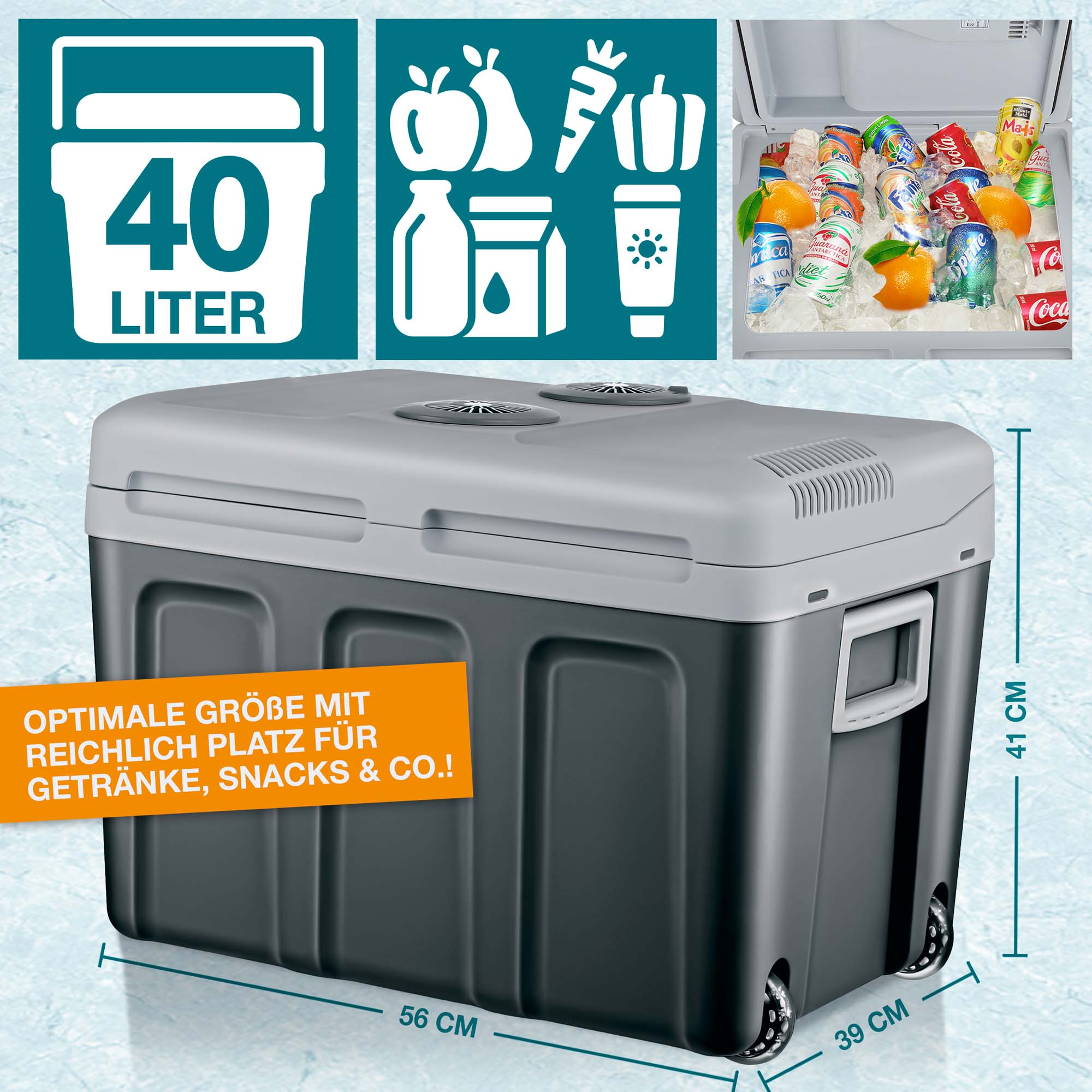 Kühlbox grau (40 Liter, 56 x 41 x 38 cm) – Optimale Größe mit reichlich Platz für Getränke, Snacks & Co. Transportbox – Thermobox – Isolierbox – Kühlcontainer – Tragbare Kühlung – Reisebox – Kältebox – Picknickbox – Outdoor-Kühlbox – Frischebox