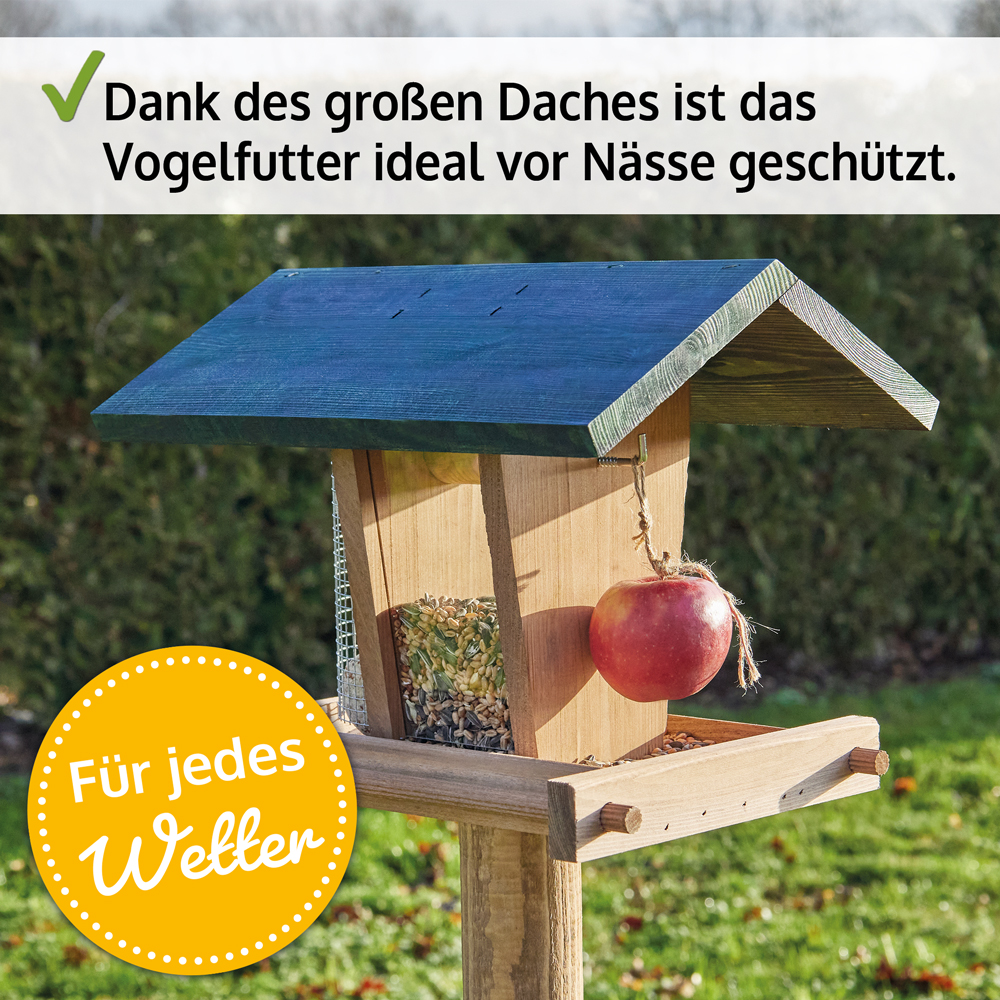 Vogelhaus Super Bird mit großem Dach das Vogelfutter vor Nässe schützt und einem Apfel an der Seite