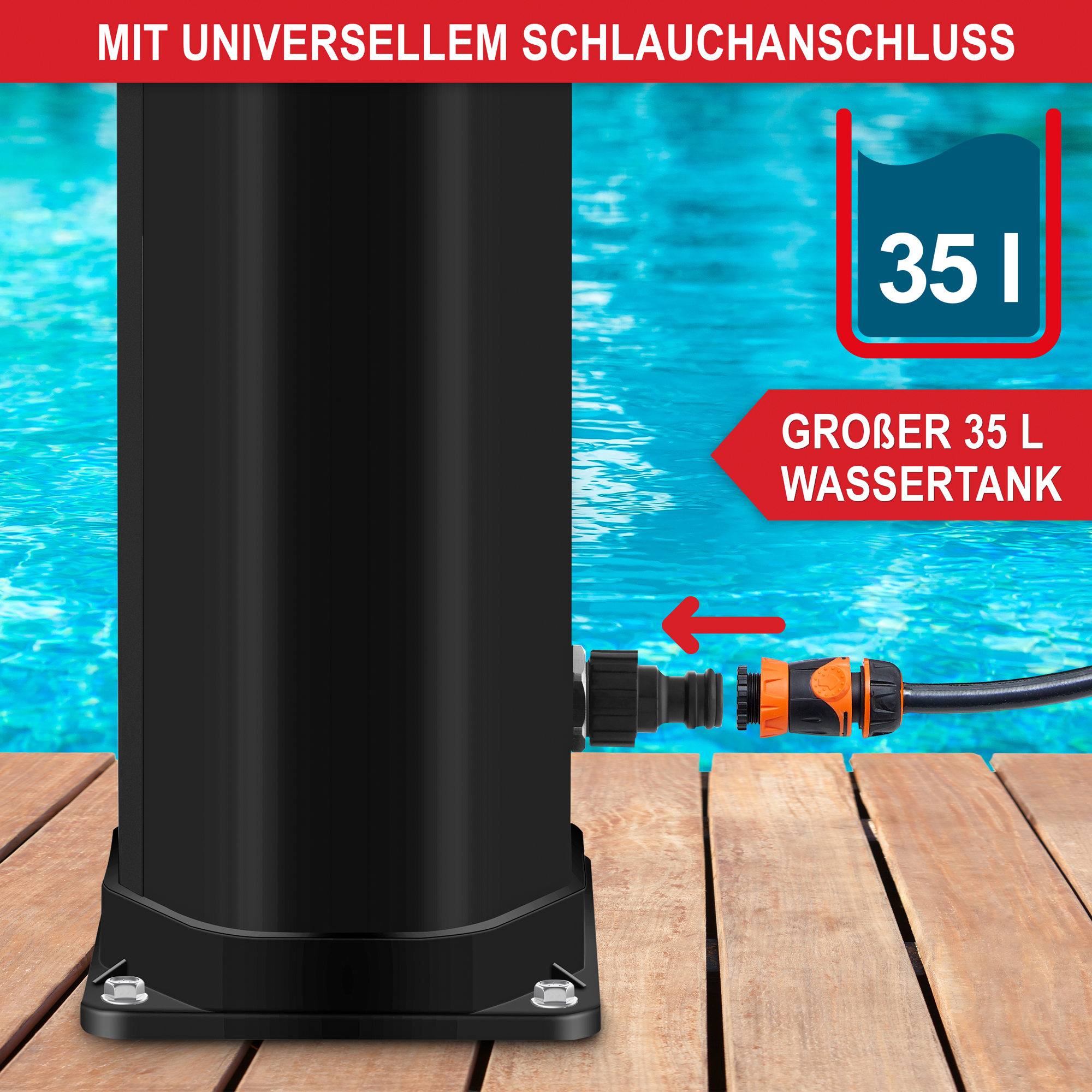 universeller Schlauchanschluss - Großer 35 L Wassertank - Solardusche - Gartendusche - Außendusche - Pooldusche - Kompatibel mit Standard-Gartenschläuchen - Effiziente Wassererwärmung