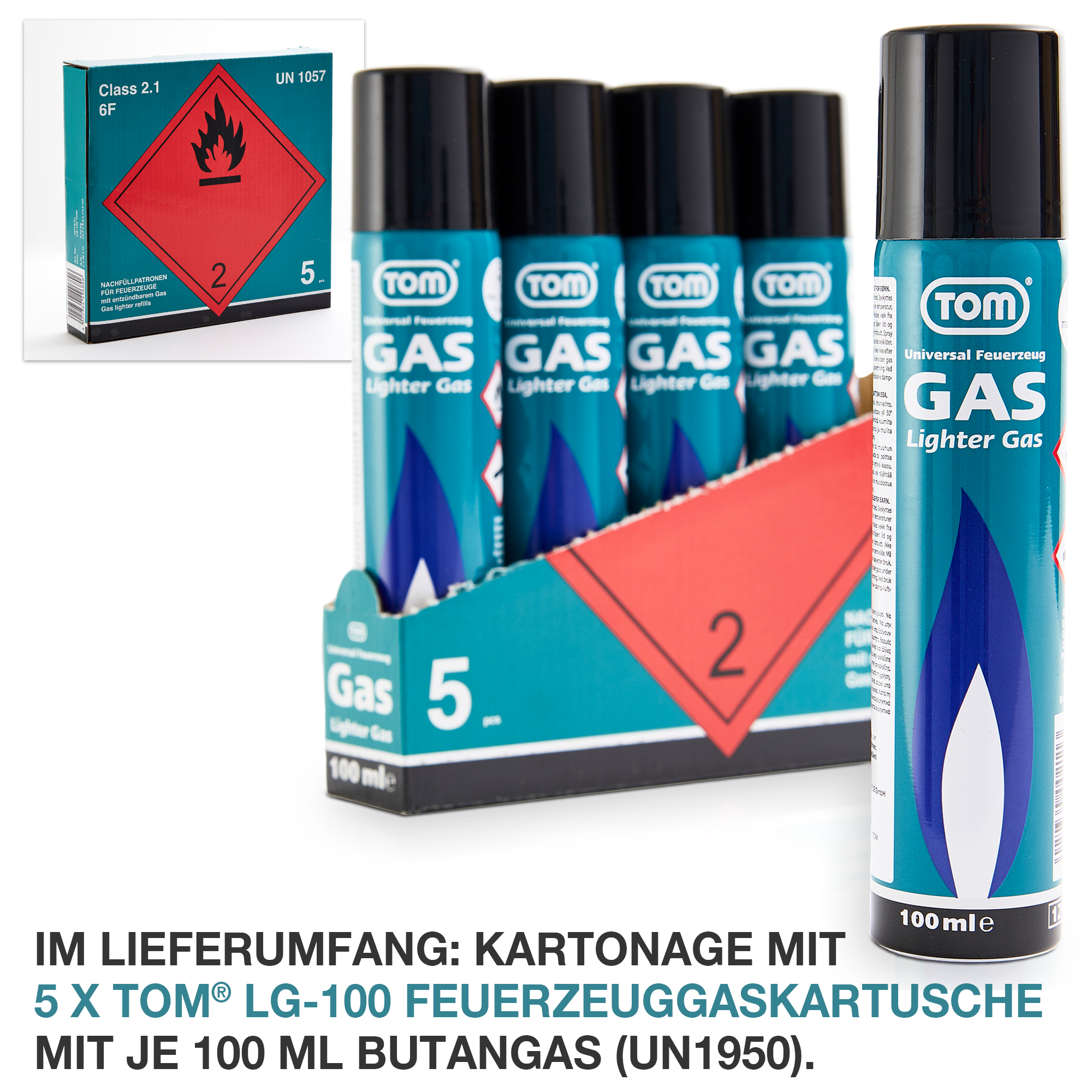 Lieferumfang fünf Gaskartuschen Tom LG-100 für Feuerzeuge Butangas je 100 ml